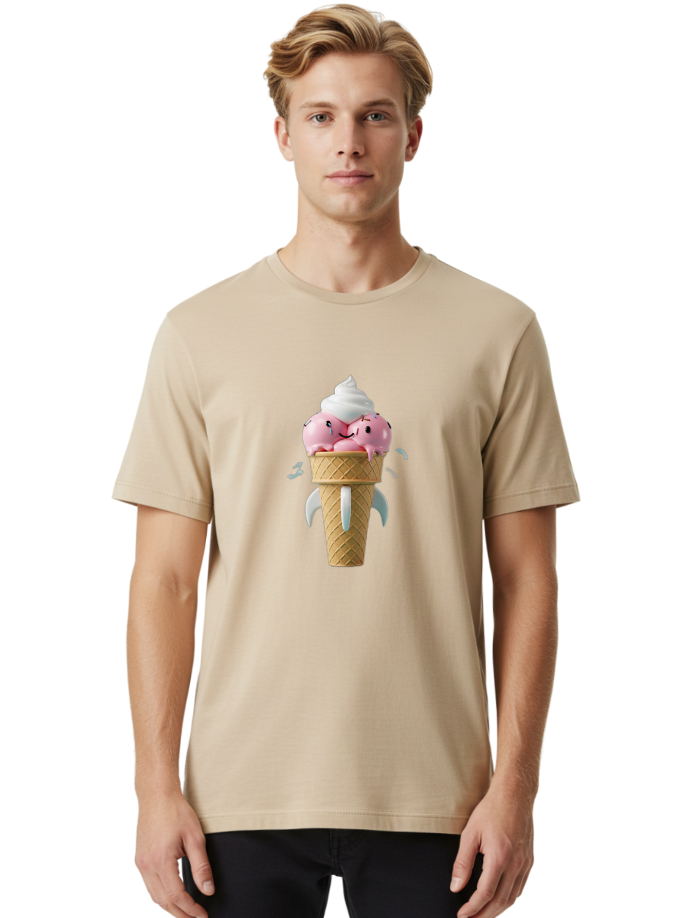 Crying-Ice-Cream Men'S Graphic Tee, 100% Cotton, Comfortable Casual Summer Wear, Machine Washable, Ice Cream Cone, Pink Ice Cream, Walrus Face, Cartoon Character, Fun Design, Sweet Treat, Whimsical Illustration, Playful Art, Ice Cream Lover, Baa422