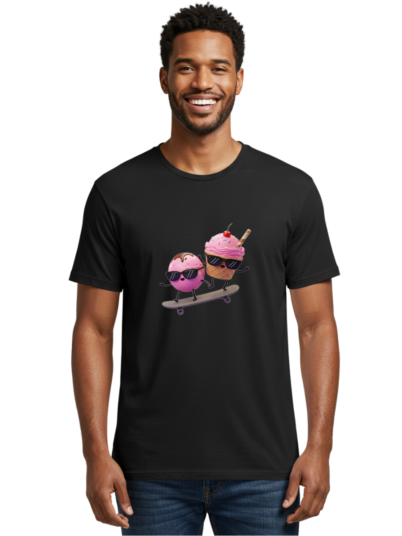 Cupcake-And-Ice-Cream Men'S Graphic Tee, 100% Cotton, Comfortable Casual Summer Wear, Machine Washable, Funny Cartoon Characters, Ice Cream Cone, Cupcake, Skateboarding, Sunglasses, Colorful Treats, Sweet Delights, Playful, Whimsical Baa423