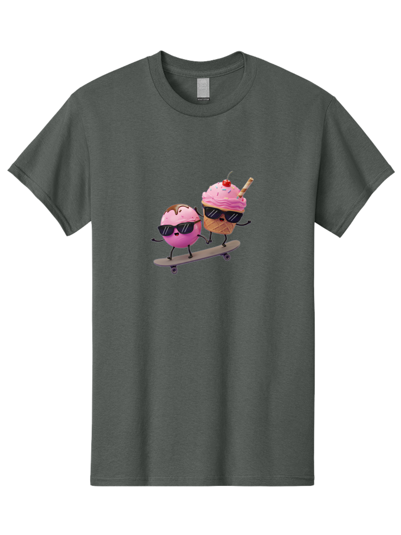 Cupcake-And-Ice-Cream Men'S Graphic Tee, 100% Cotton, Comfortable Casual Summer Wear, Machine Washable, Funny Cartoon Characters, Ice Cream Cone, Cupcake, Skateboarding, Sunglasses, Colorful Treats, Sweet Delights, Playful, Whimsical Baa423
