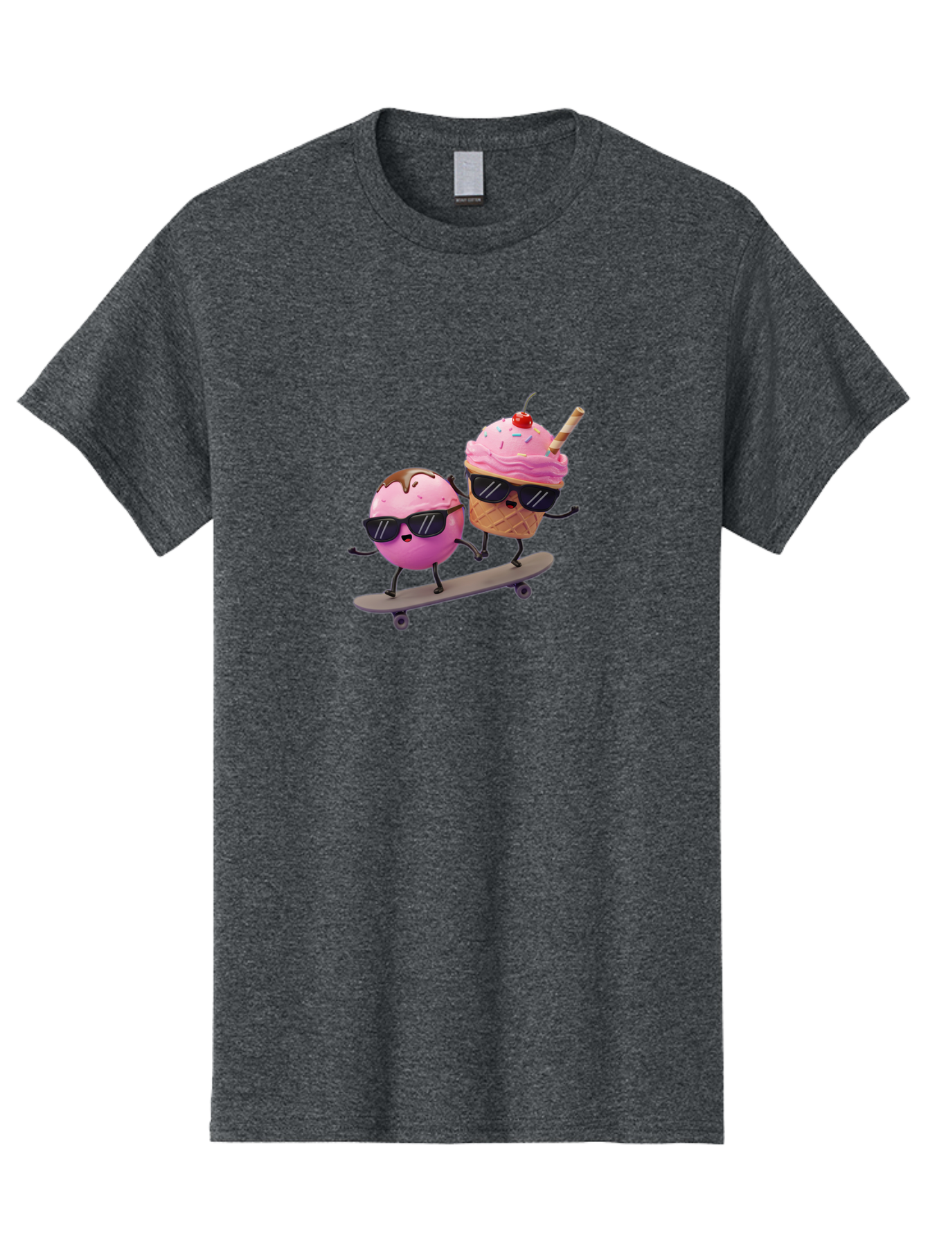 Cupcake-And-Ice-Cream Men'S Graphic Tee, 100% Cotton, Comfortable Casual Summer Wear, Machine Washable, Funny Cartoon Characters, Ice Cream Cone, Cupcake, Skateboarding, Sunglasses, Colorful Treats, Sweet Delights, Playful, Whimsical Baa423