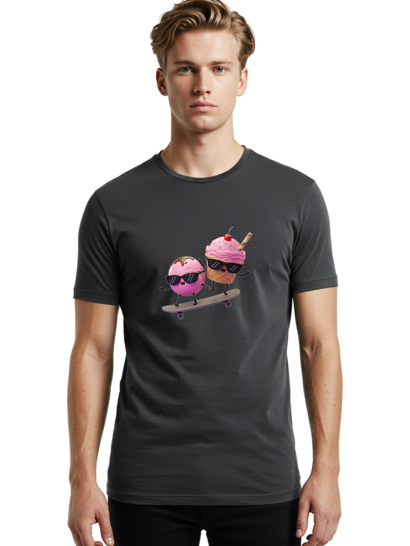Cupcake-And-Ice-Cream Men'S Graphic Tee, 100% Cotton, Comfortable Casual Summer Wear, Machine Washable, Funny Cartoon Characters, Ice Cream Cone, Cupcake, Skateboarding, Sunglasses, Colorful Treats, Sweet Delights, Playful, Whimsical Baa423