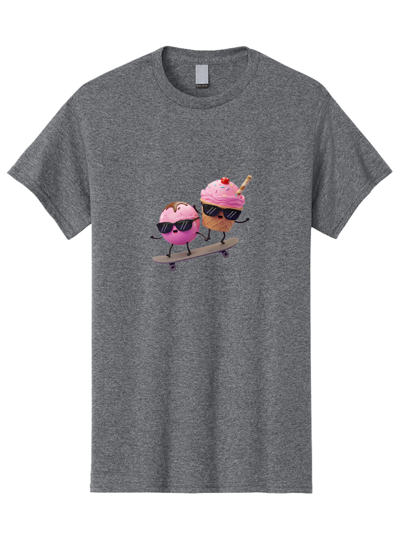 Cupcake-And-Ice-Cream Men'S Graphic Tee, 100% Cotton, Comfortable Casual Summer Wear, Machine Washable, Funny Cartoon Characters, Ice Cream Cone, Cupcake, Skateboarding, Sunglasses, Colorful Treats, Sweet Delights, Playful, Whimsical Baa423
