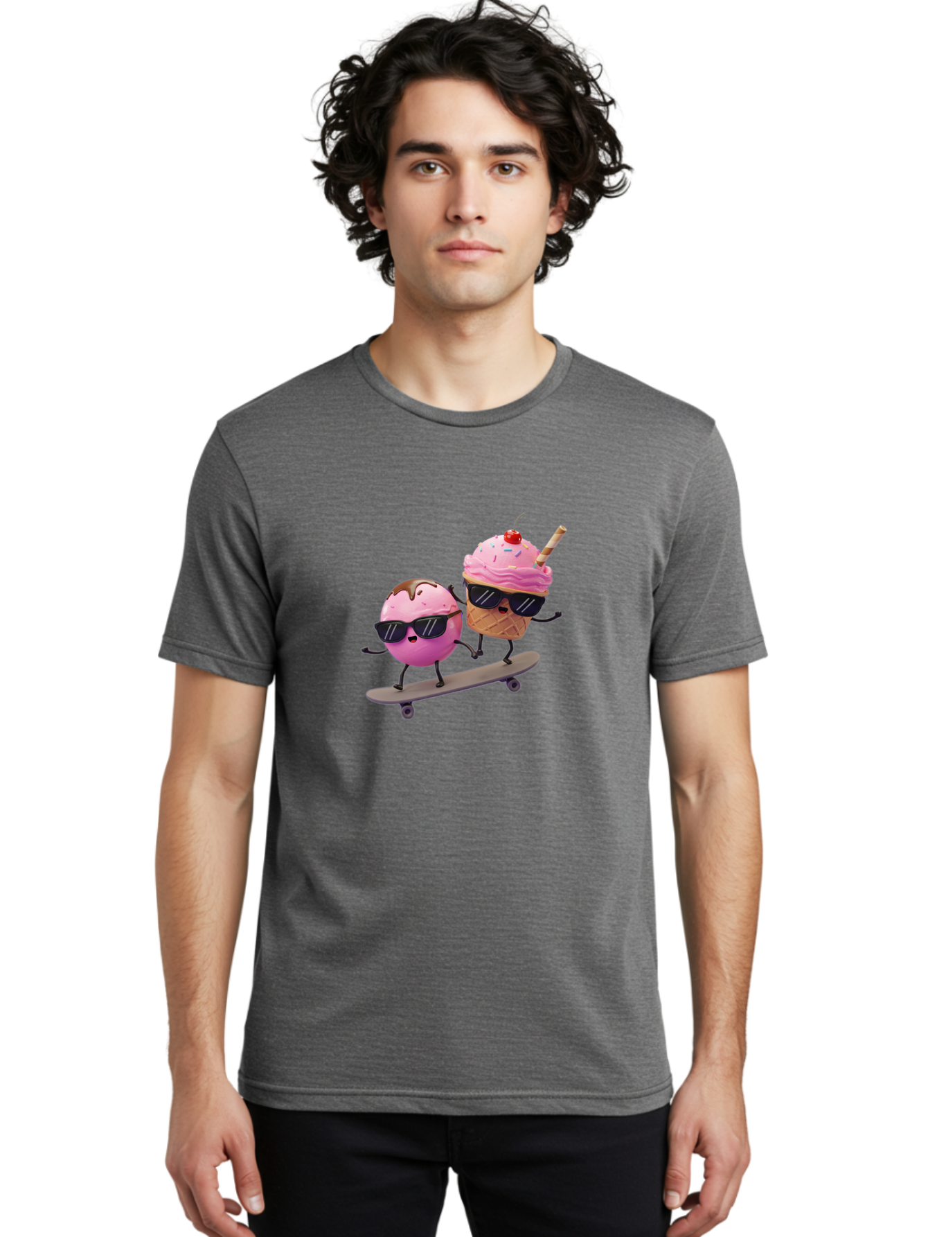 Cupcake-And-Ice-Cream Men'S Graphic Tee, 100% Cotton, Comfortable Casual Summer Wear, Machine Washable, Funny Cartoon Characters, Ice Cream Cone, Cupcake, Skateboarding, Sunglasses, Colorful Treats, Sweet Delights, Playful, Whimsical Baa423