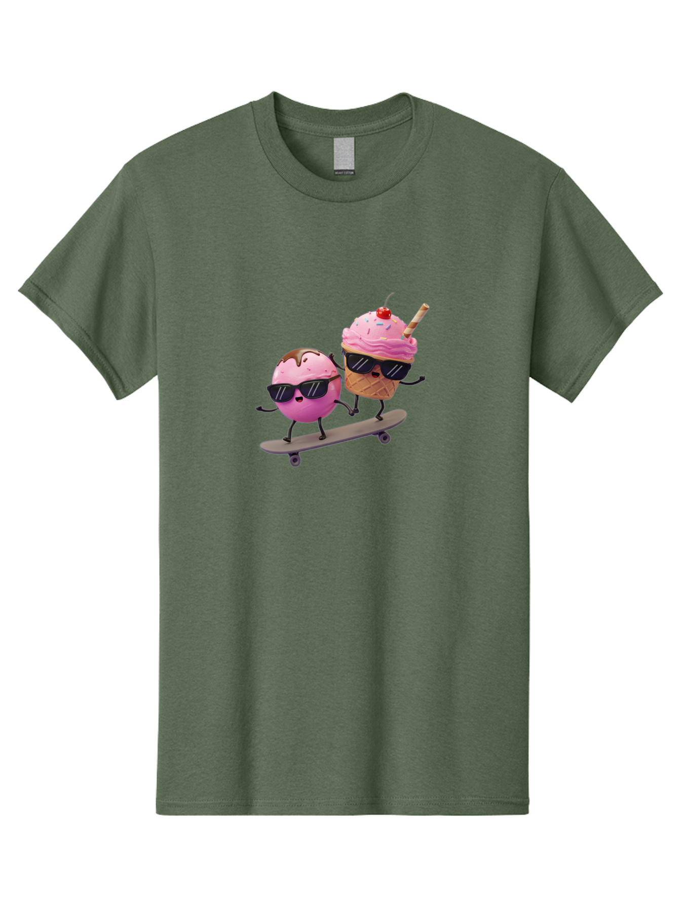 Cupcake-And-Ice-Cream Men'S Graphic Tee, 100% Cotton, Comfortable Casual Summer Wear, Machine Washable, Funny Cartoon Characters, Ice Cream Cone, Cupcake, Skateboarding, Sunglasses, Colorful Treats, Sweet Delights, Playful, Whimsical Baa423