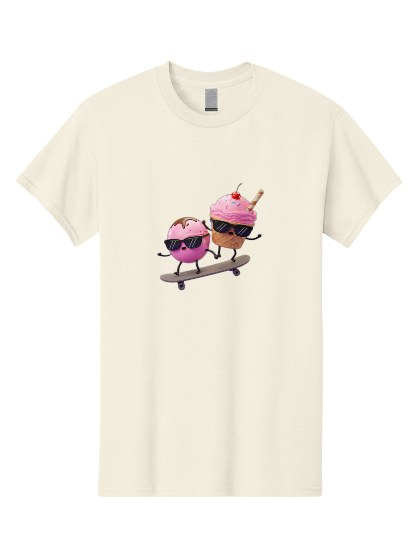 Cupcake-And-Ice-Cream Men'S Graphic Tee, 100% Cotton, Comfortable Casual Summer Wear, Machine Washable, Funny Cartoon Characters, Ice Cream Cone, Cupcake, Skateboarding, Sunglasses, Colorful Treats, Sweet Delights, Playful, Whimsical Baa423