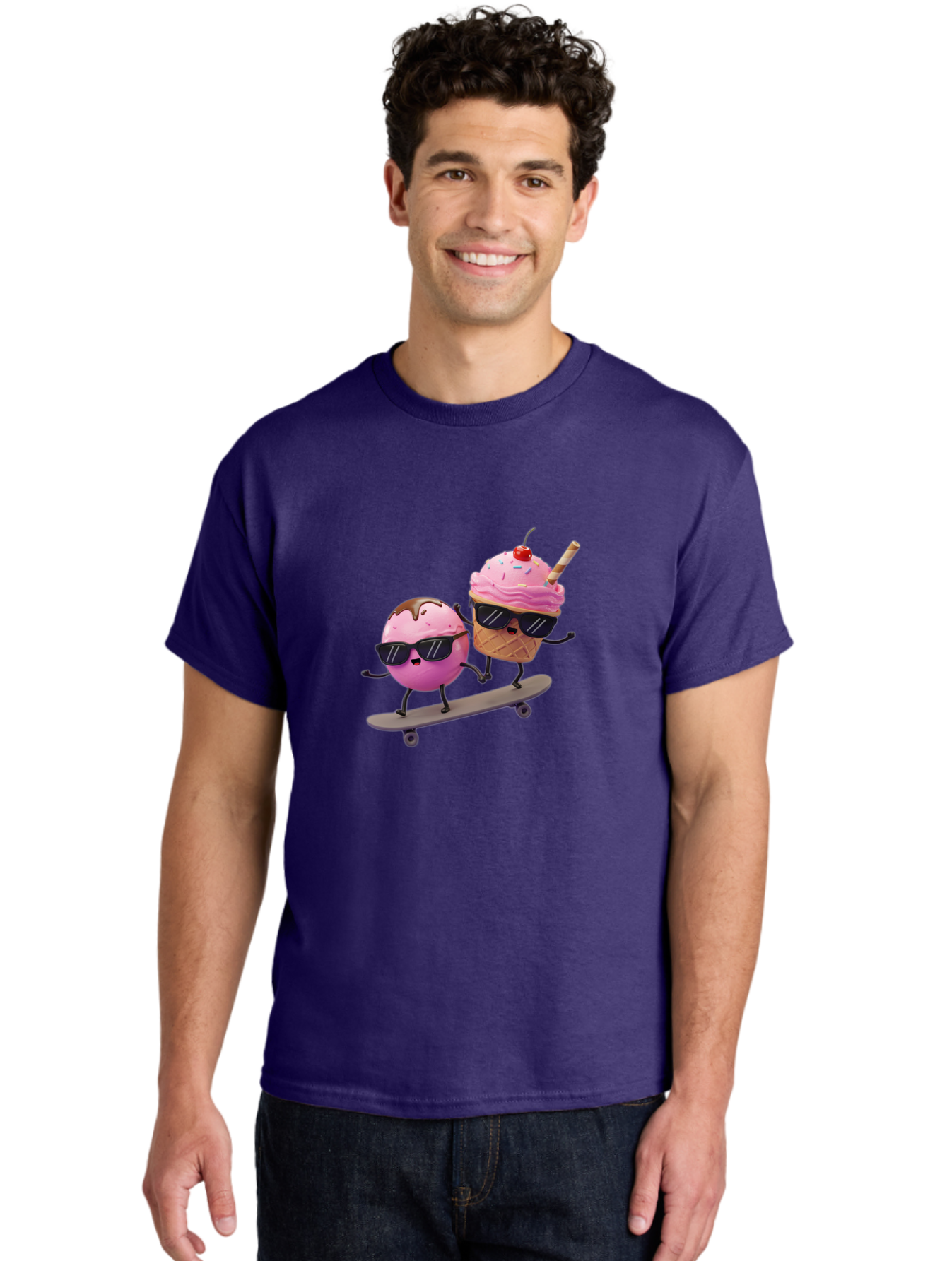 Cupcake-And-Ice-Cream Men'S Graphic Tee, 100% Cotton, Comfortable Casual Summer Wear, Machine Washable, Funny Cartoon Characters, Ice Cream Cone, Cupcake, Skateboarding, Sunglasses, Colorful Treats, Sweet Delights, Playful, Whimsical Baa423