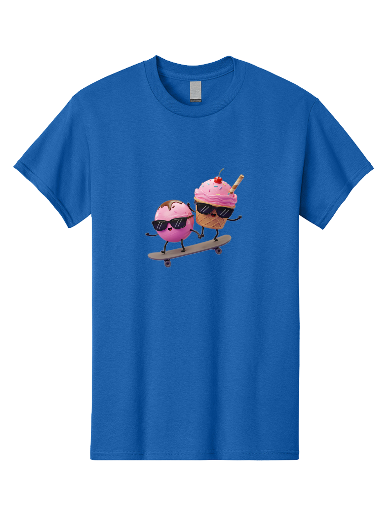 Cupcake-And-Ice-Cream Men'S Graphic Tee, 100% Cotton, Comfortable Casual Summer Wear, Machine Washable, Funny Cartoon Characters, Ice Cream Cone, Cupcake, Skateboarding, Sunglasses, Colorful Treats, Sweet Delights, Playful, Whimsical Baa423