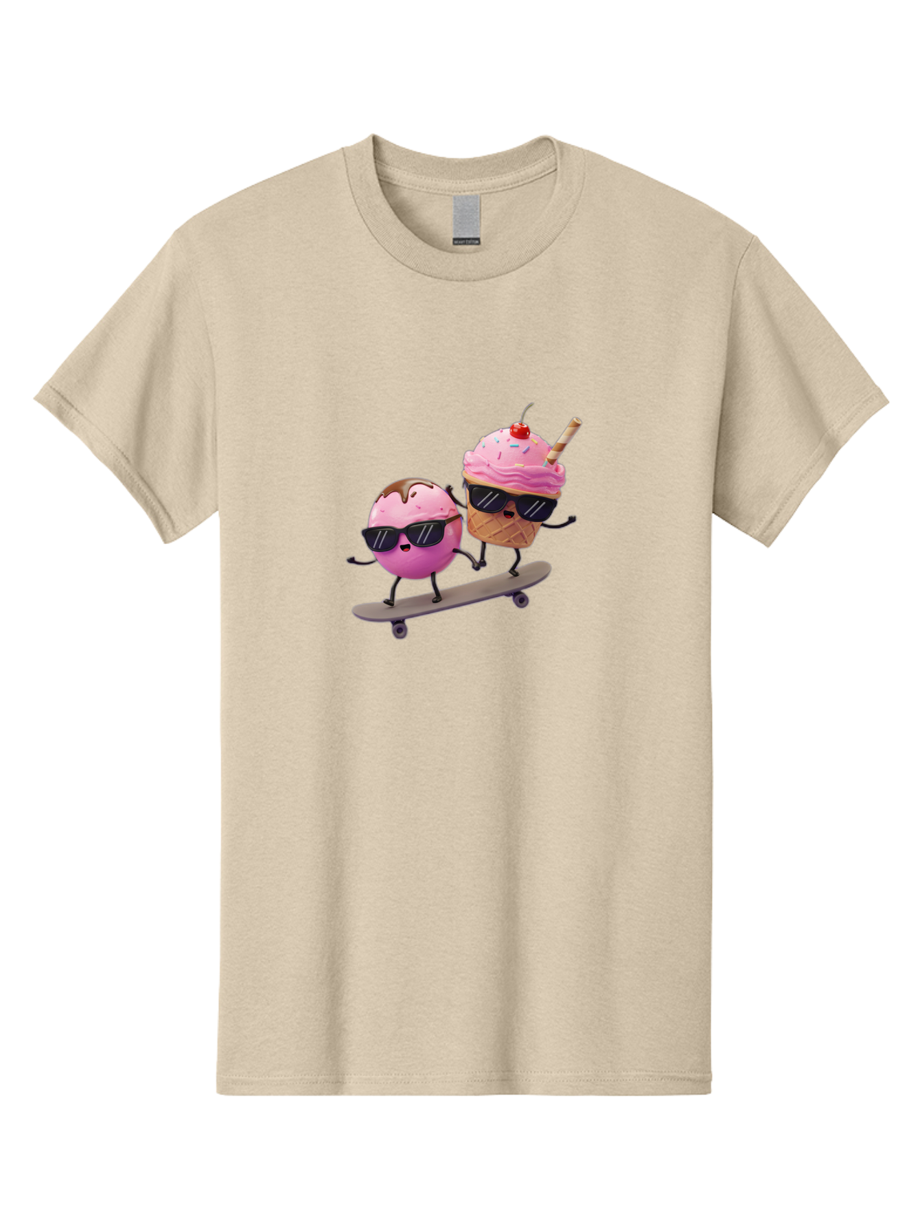 Cupcake-And-Ice-Cream Men'S Graphic Tee, 100% Cotton, Comfortable Casual Summer Wear, Machine Washable, Funny Cartoon Characters, Ice Cream Cone, Cupcake, Skateboarding, Sunglasses, Colorful Treats, Sweet Delights, Playful, Whimsical Baa423