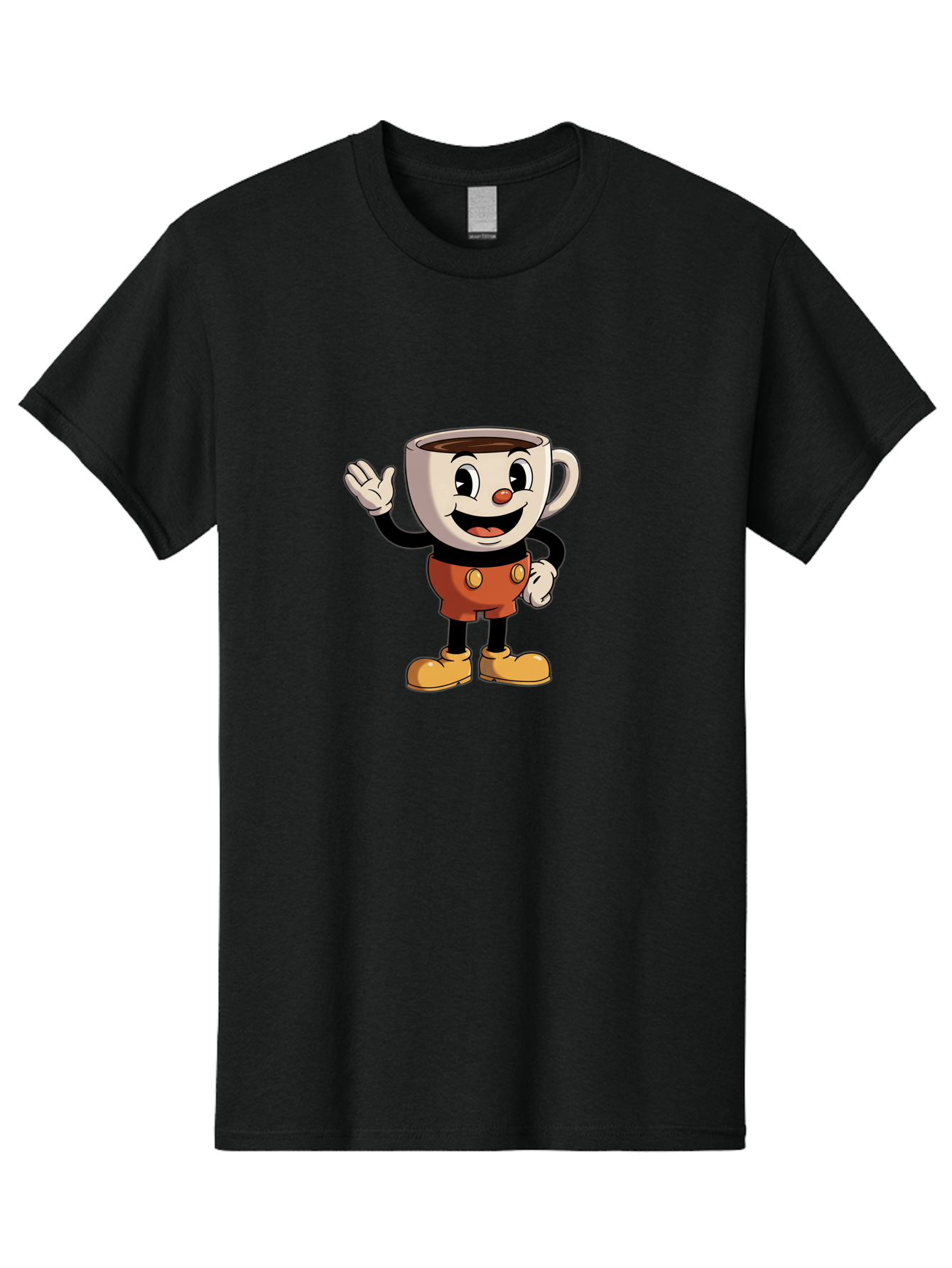 Cuphead Men'S Graphic Tee, 100% Cotton, Comfortable Casual Summer Wear, Machine Washable, Cartoon Character, Coffee Cup, Anthropomorphic Design, Smiling Face, Waving Hand, Orange Overalls, Yellow Buttons, Black Sleeves, White Gloves, Baa425