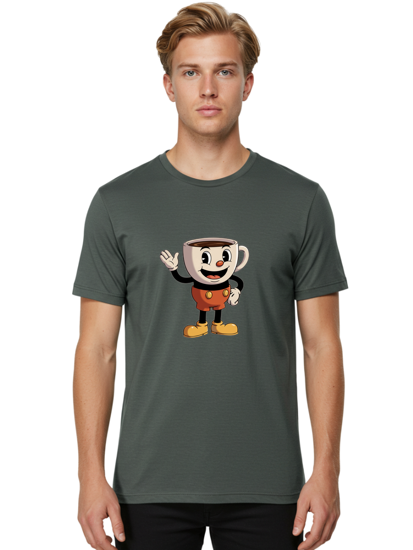 Cuphead Men'S Graphic Tee, 100% Cotton, Comfortable Casual Summer Wear, Machine Washable, Cartoon Character, Coffee Cup, Anthropomorphic Design, Smiling Face, Waving Hand, Orange Overalls, Yellow Buttons, Black Sleeves, White Gloves, Baa425