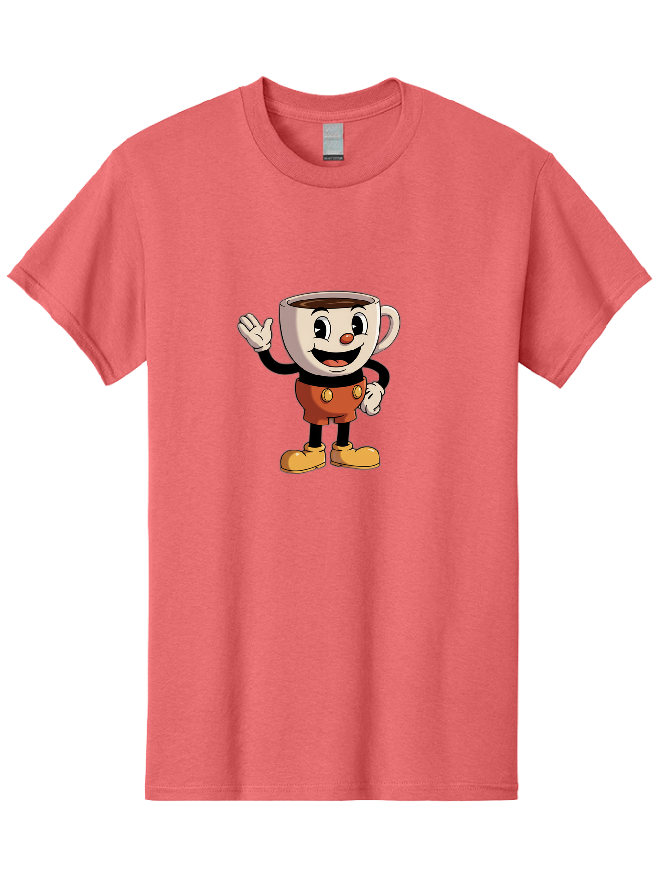 Cuphead Men'S Graphic Tee, 100% Cotton, Comfortable Casual Summer Wear, Machine Washable, Cartoon Character, Coffee Cup, Anthropomorphic Design, Smiling Face, Waving Hand, Orange Overalls, Yellow Buttons, Black Sleeves, White Gloves, Baa425
