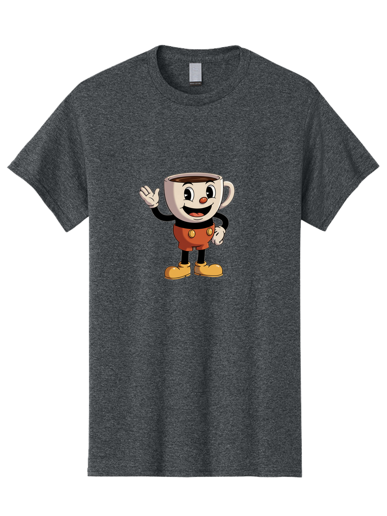 Cuphead Men'S Graphic Tee, 100% Cotton, Comfortable Casual Summer Wear, Machine Washable, Cartoon Character, Coffee Cup, Anthropomorphic Design, Smiling Face, Waving Hand, Orange Overalls, Yellow Buttons, Black Sleeves, White Gloves, Baa425