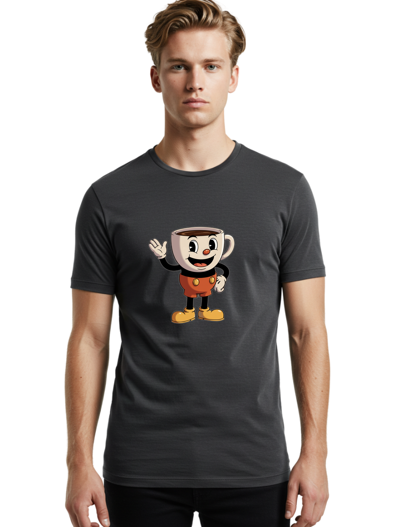 Cuphead Men'S Graphic Tee, 100% Cotton, Comfortable Casual Summer Wear, Machine Washable, Cartoon Character, Coffee Cup, Anthropomorphic Design, Smiling Face, Waving Hand, Orange Overalls, Yellow Buttons, Black Sleeves, White Gloves, Baa425