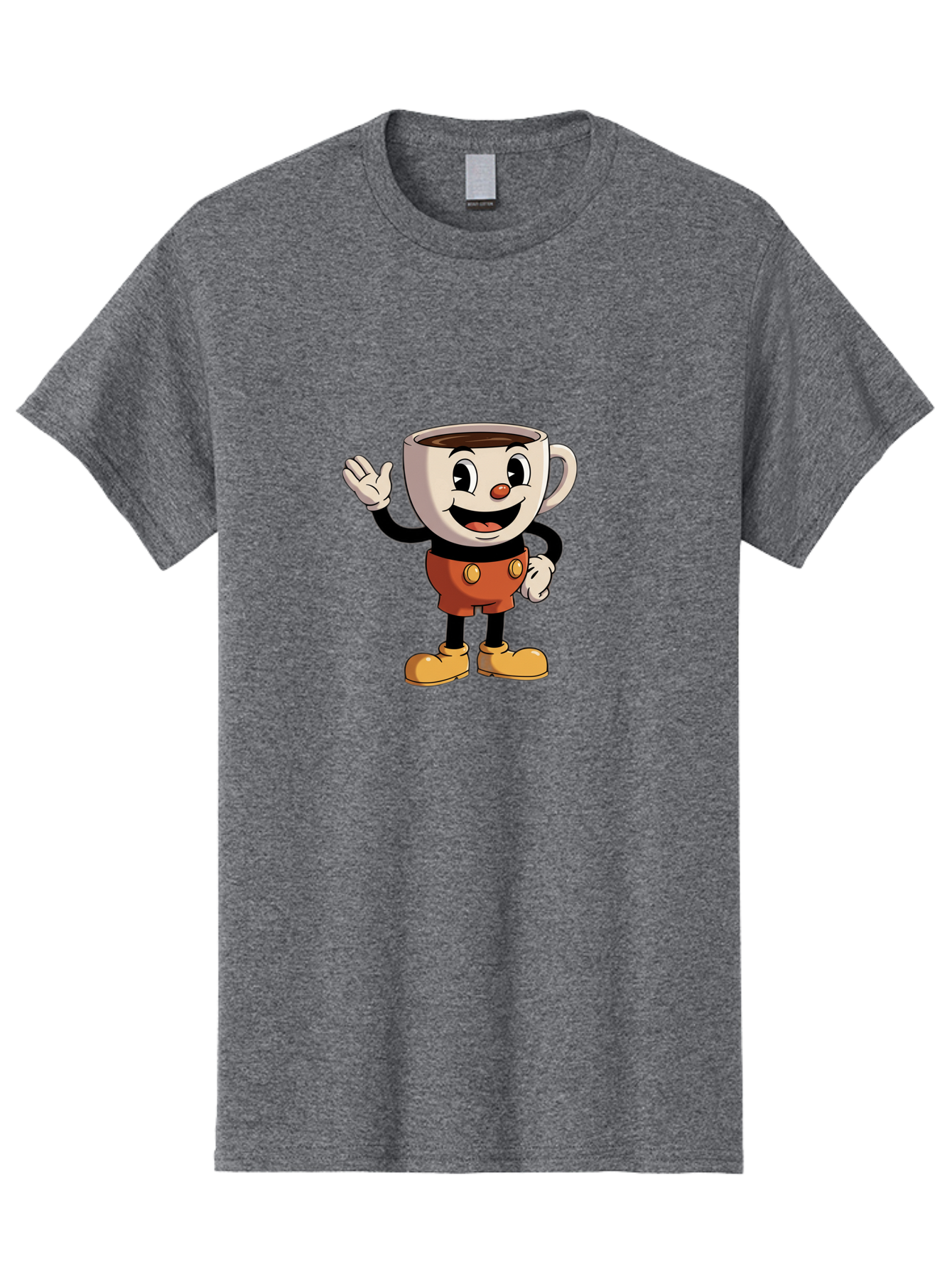 Cuphead Men'S Graphic Tee, 100% Cotton, Comfortable Casual Summer Wear, Machine Washable, Cartoon Character, Coffee Cup, Anthropomorphic Design, Smiling Face, Waving Hand, Orange Overalls, Yellow Buttons, Black Sleeves, White Gloves, Baa425