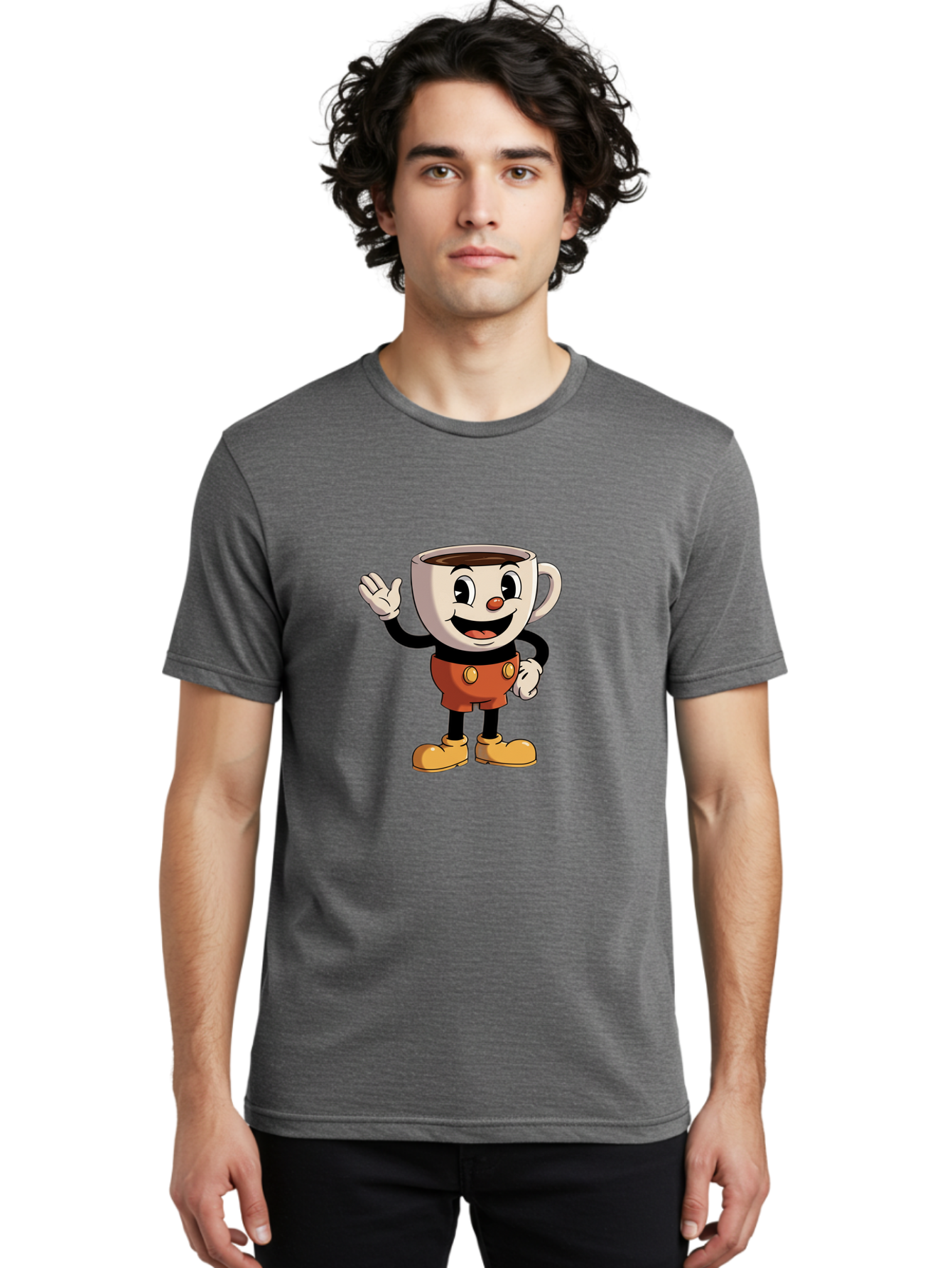 Cuphead Men'S Graphic Tee, 100% Cotton, Comfortable Casual Summer Wear, Machine Washable, Cartoon Character, Coffee Cup, Anthropomorphic Design, Smiling Face, Waving Hand, Orange Overalls, Yellow Buttons, Black Sleeves, White Gloves, Baa425