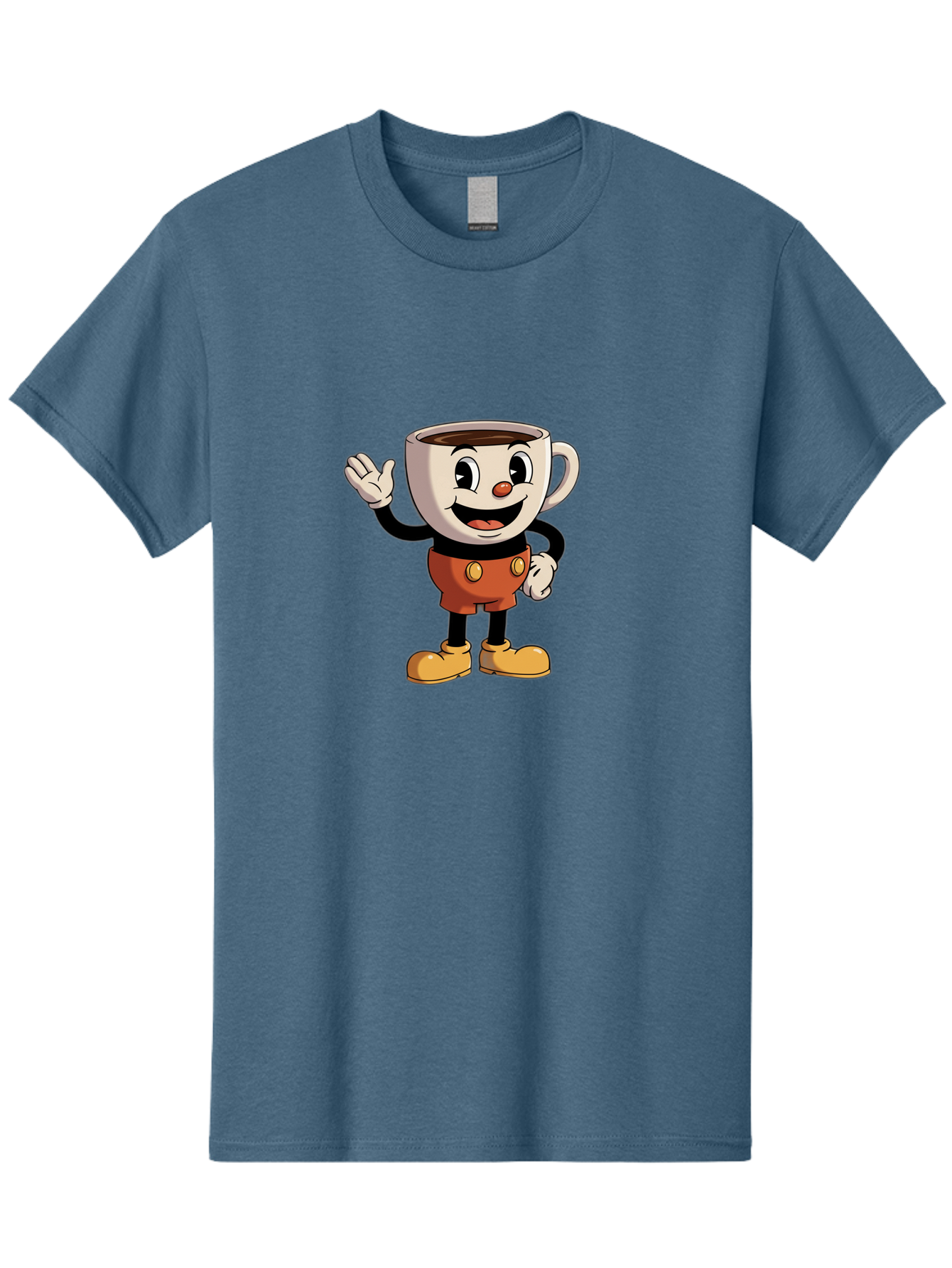 Cuphead Men'S Graphic Tee, 100% Cotton, Comfortable Casual Summer Wear, Machine Washable, Cartoon Character, Coffee Cup, Anthropomorphic Design, Smiling Face, Waving Hand, Orange Overalls, Yellow Buttons, Black Sleeves, White Gloves, Baa425