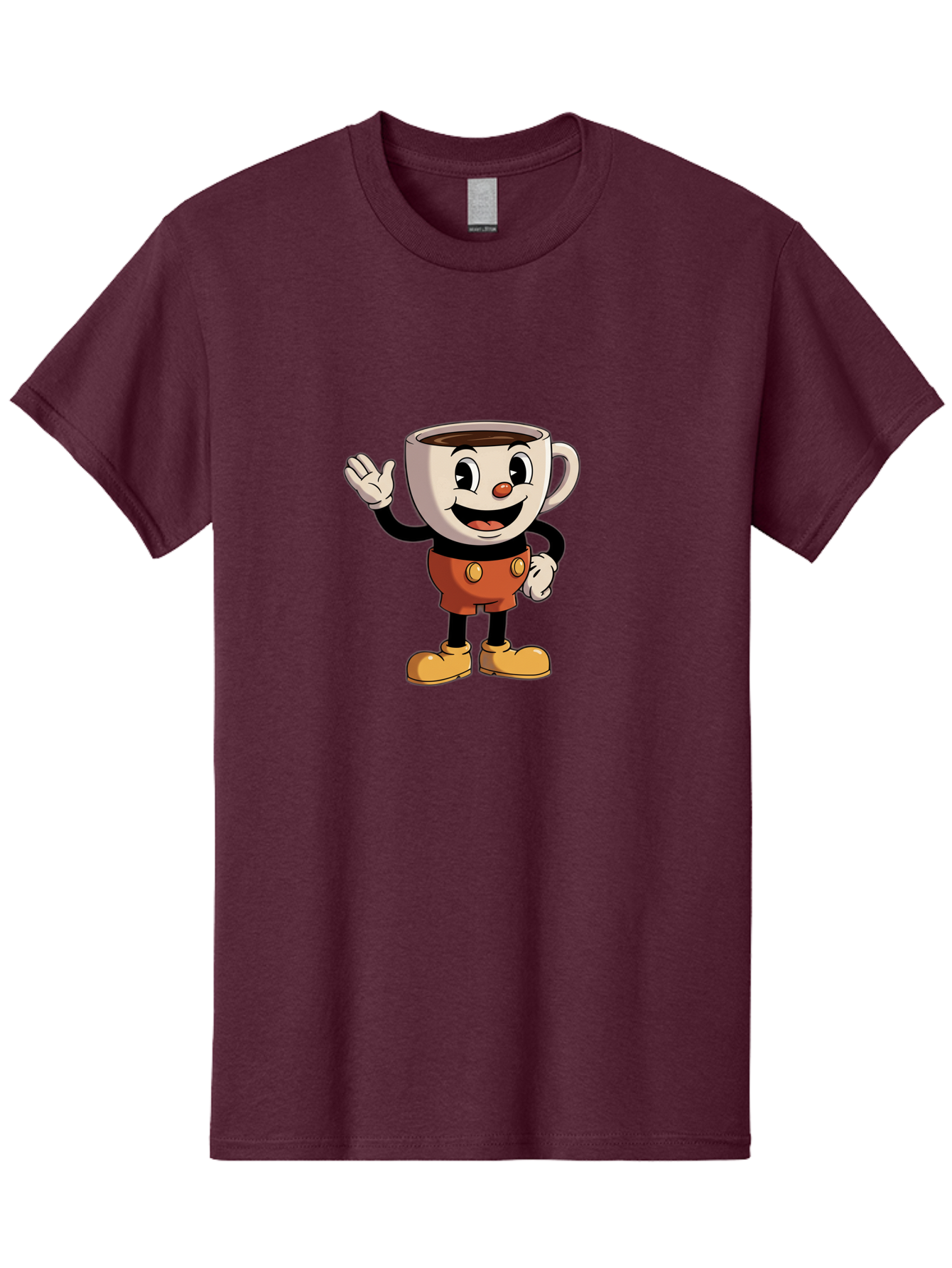 Cuphead Men'S Graphic Tee, 100% Cotton, Comfortable Casual Summer Wear, Machine Washable, Cartoon Character, Coffee Cup, Anthropomorphic Design, Smiling Face, Waving Hand, Orange Overalls, Yellow Buttons, Black Sleeves, White Gloves, Baa425