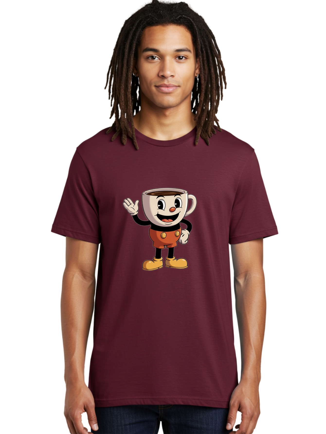 Cuphead Men'S Graphic Tee, 100% Cotton, Comfortable Casual Summer Wear, Machine Washable, Cartoon Character, Coffee Cup, Anthropomorphic Design, Smiling Face, Waving Hand, Orange Overalls, Yellow Buttons, Black Sleeves, White Gloves, Baa425
