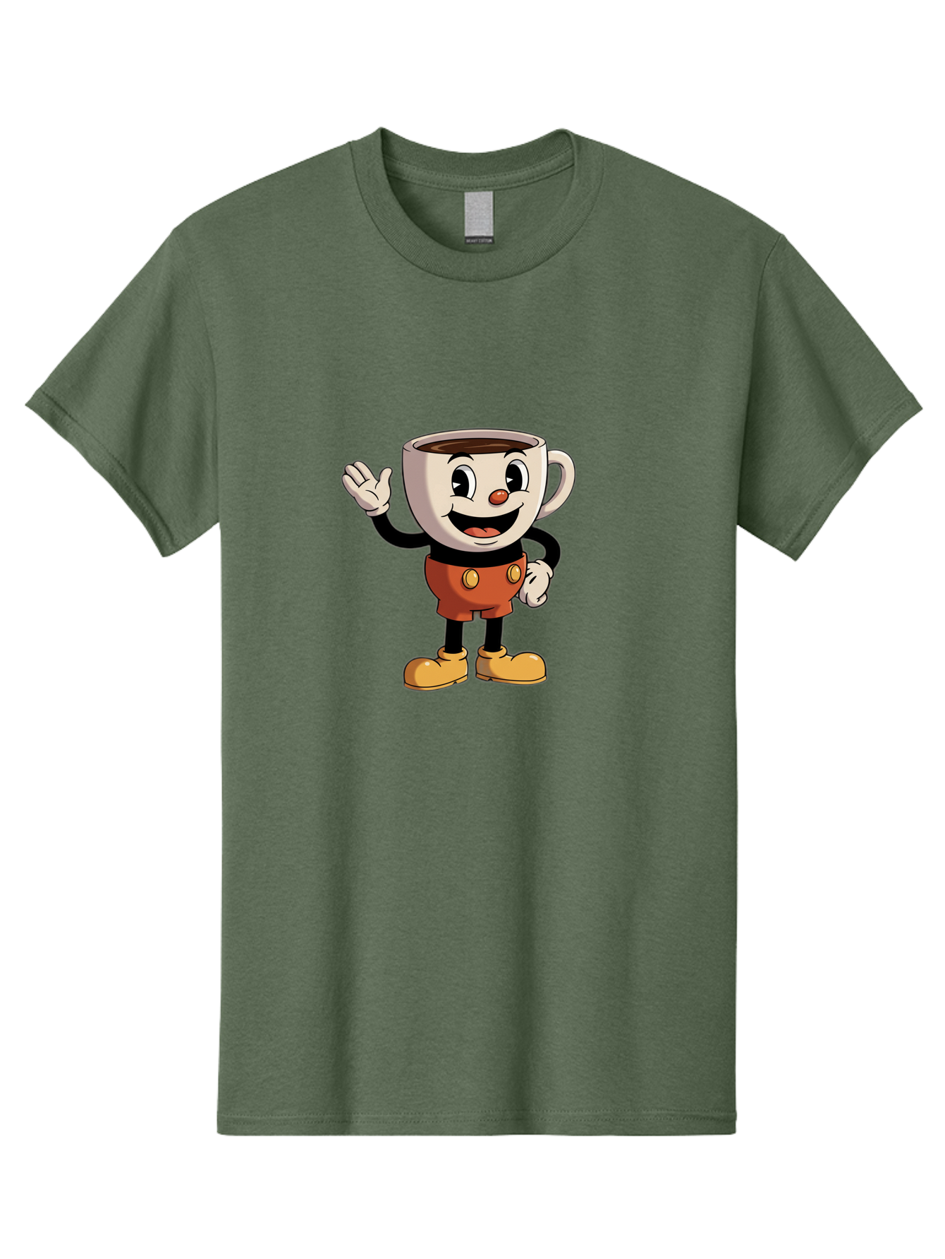 Cuphead Men'S Graphic Tee, 100% Cotton, Comfortable Casual Summer Wear, Machine Washable, Cartoon Character, Coffee Cup, Anthropomorphic Design, Smiling Face, Waving Hand, Orange Overalls, Yellow Buttons, Black Sleeves, White Gloves, Baa425