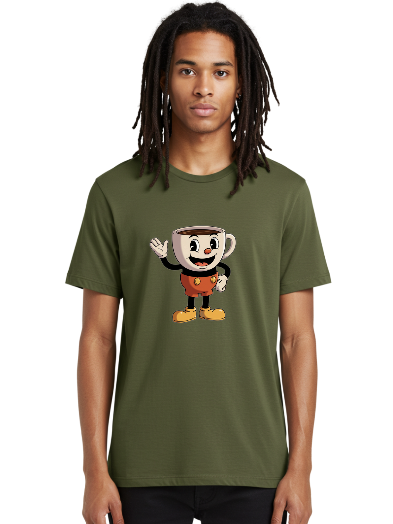 Cuphead Men'S Graphic Tee, 100% Cotton, Comfortable Casual Summer Wear, Machine Washable, Cartoon Character, Coffee Cup, Anthropomorphic Design, Smiling Face, Waving Hand, Orange Overalls, Yellow Buttons, Black Sleeves, White Gloves, Baa425