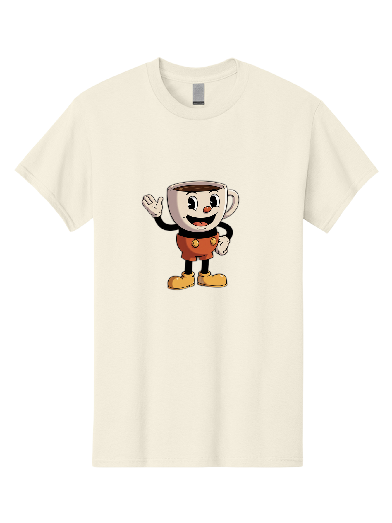 Cuphead Men'S Graphic Tee, 100% Cotton, Comfortable Casual Summer Wear, Machine Washable, Cartoon Character, Coffee Cup, Anthropomorphic Design, Smiling Face, Waving Hand, Orange Overalls, Yellow Buttons, Black Sleeves, White Gloves, Baa425