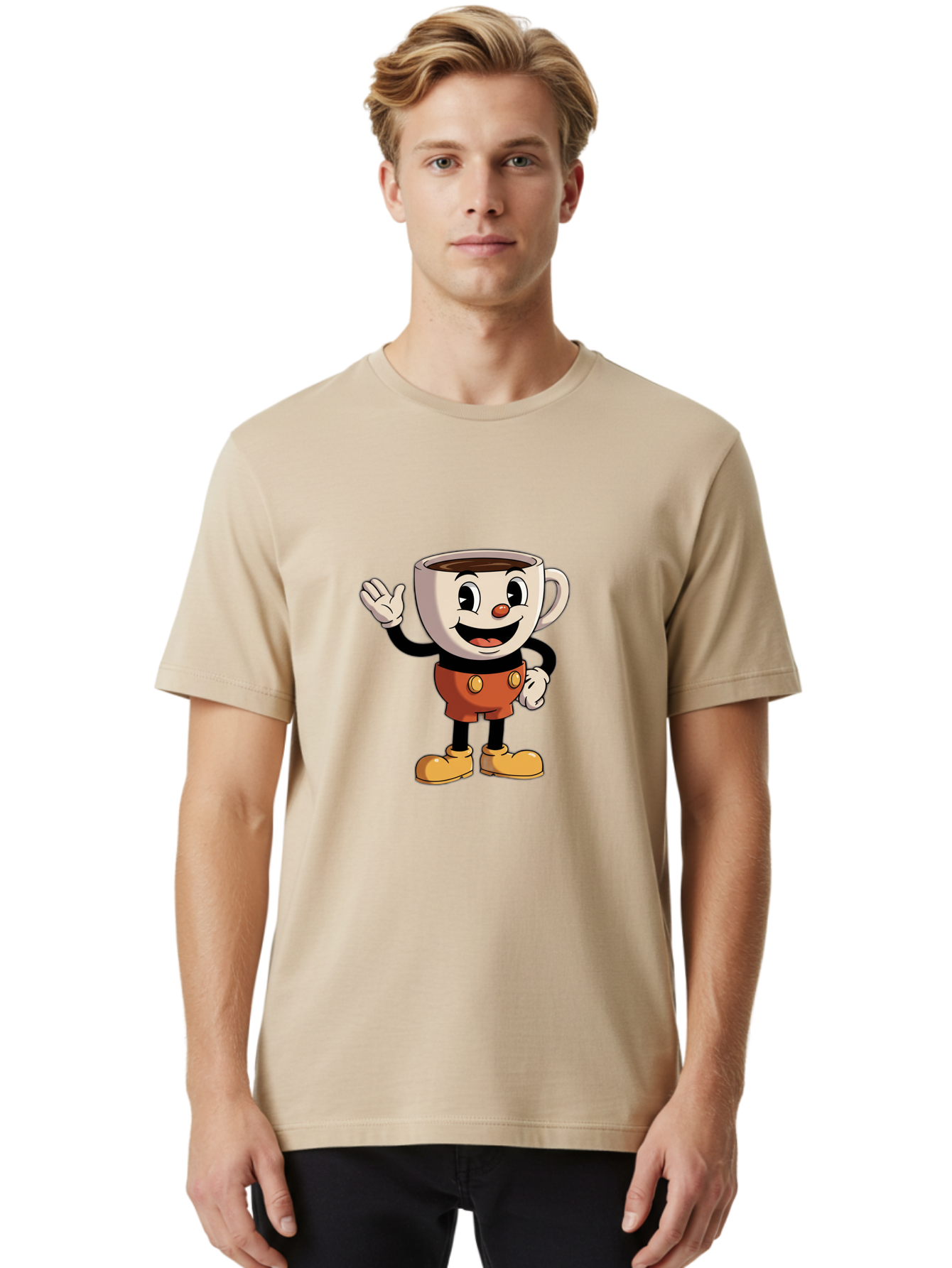 Cuphead Men'S Graphic Tee, 100% Cotton, Comfortable Casual Summer Wear, Machine Washable, Cartoon Character, Coffee Cup, Anthropomorphic Design, Smiling Face, Waving Hand, Orange Overalls, Yellow Buttons, Black Sleeves, White Gloves, Baa425