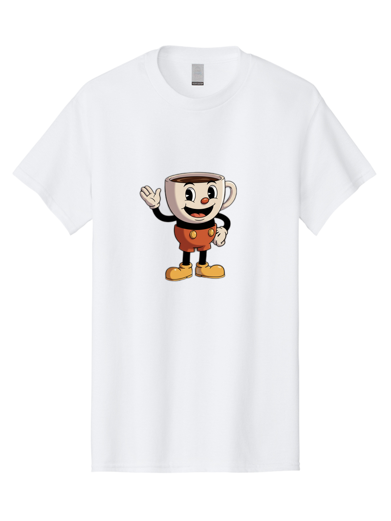 Cuphead Men'S Graphic Tee, 100% Cotton, Comfortable Casual Summer Wear, Machine Washable, Cartoon Character, Coffee Cup, Anthropomorphic Design, Smiling Face, Waving Hand, Orange Overalls, Yellow Buttons, Black Sleeves, White Gloves, Baa425