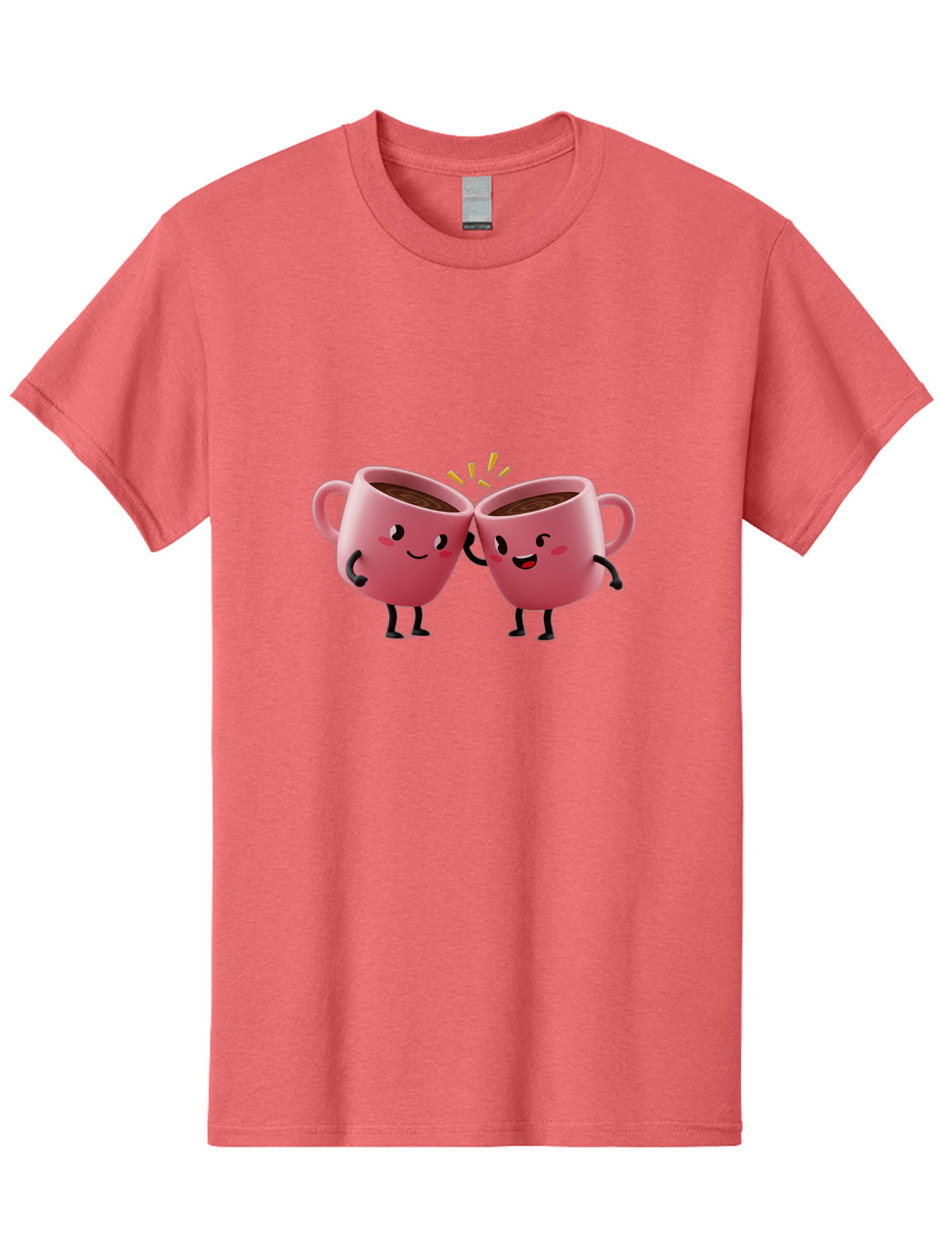 Cups-Toasting Men'S Graphic Tee, 100% Cotton, Comfortable Casual Summer Wear, Machine Washable, Two Pink Coffee Mugs Cheering, Happy Coffee Cups, Cartoon Characters, Friendship, Coffee Break, Coffee Lovers, Adorable Illustration, Baa428