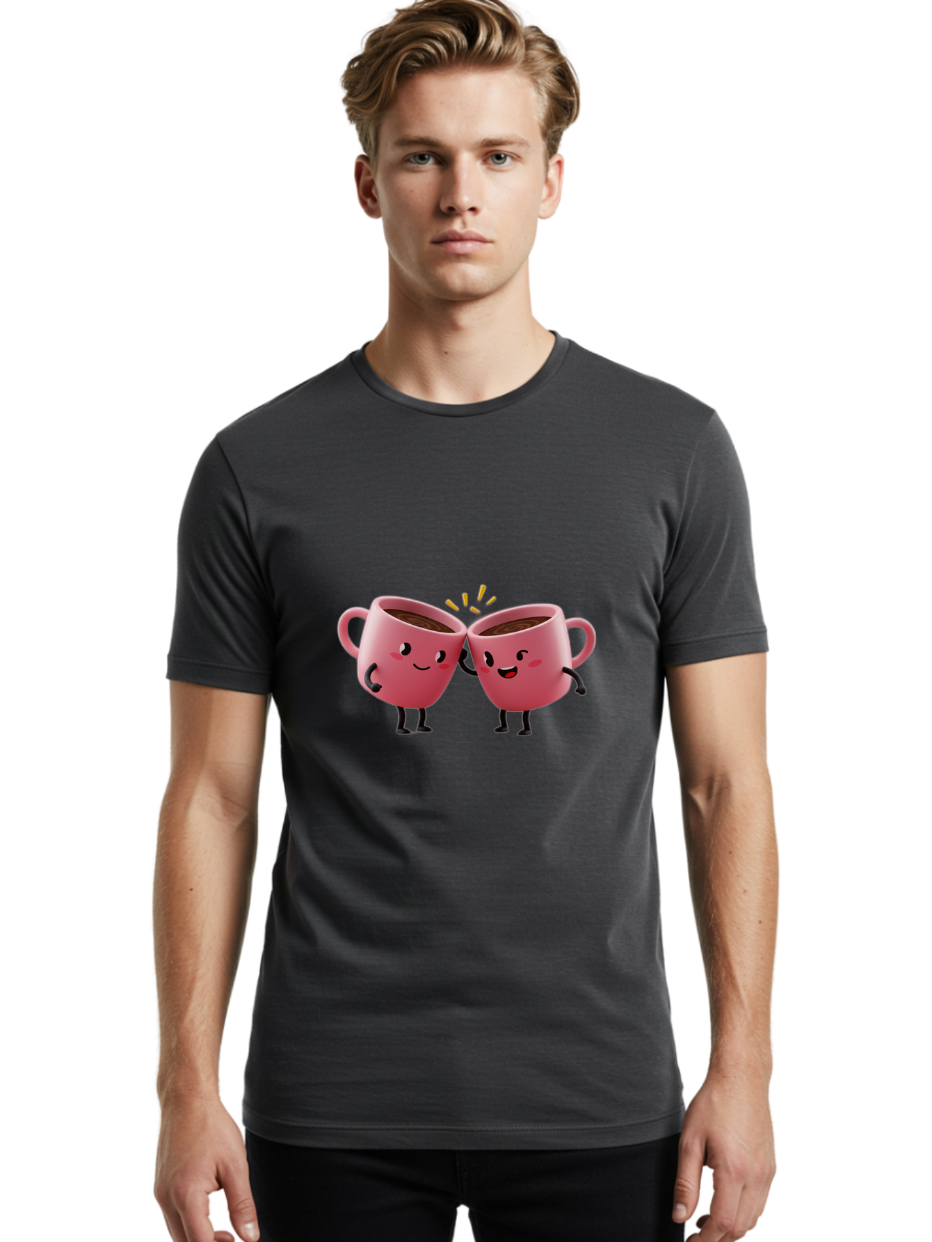 Cups-Toasting Men'S Graphic Tee, 100% Cotton, Comfortable Casual Summer Wear, Machine Washable, Two Pink Coffee Mugs Cheering, Happy Coffee Cups, Cartoon Characters, Friendship, Coffee Break, Coffee Lovers, Adorable Illustration, Baa428