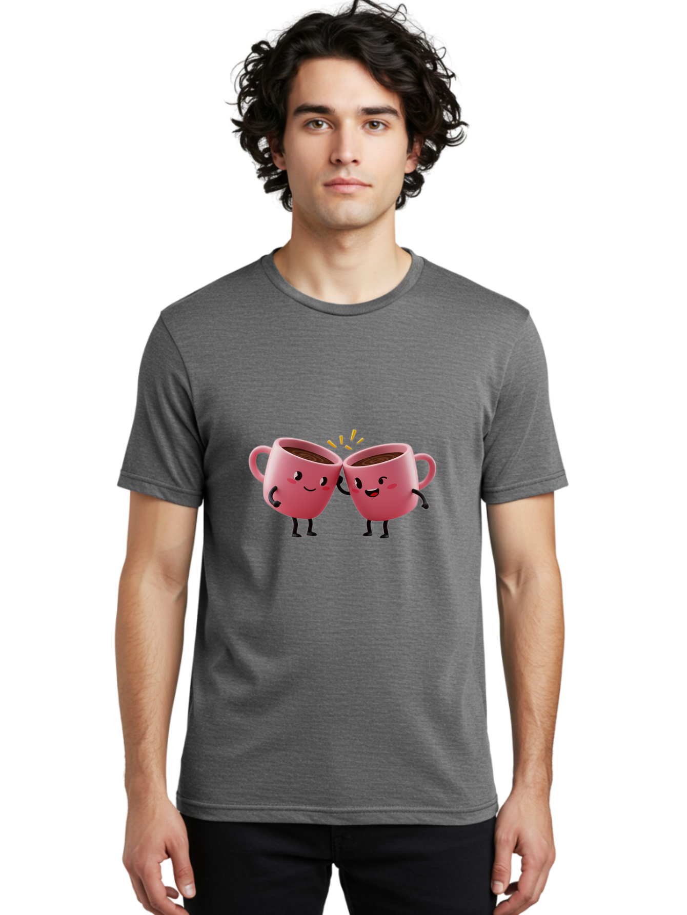 Cups-Toasting Men'S Graphic Tee, 100% Cotton, Comfortable Casual Summer Wear, Machine Washable, Two Pink Coffee Mugs Cheering, Happy Coffee Cups, Cartoon Characters, Friendship, Coffee Break, Coffee Lovers, Adorable Illustration, Baa428