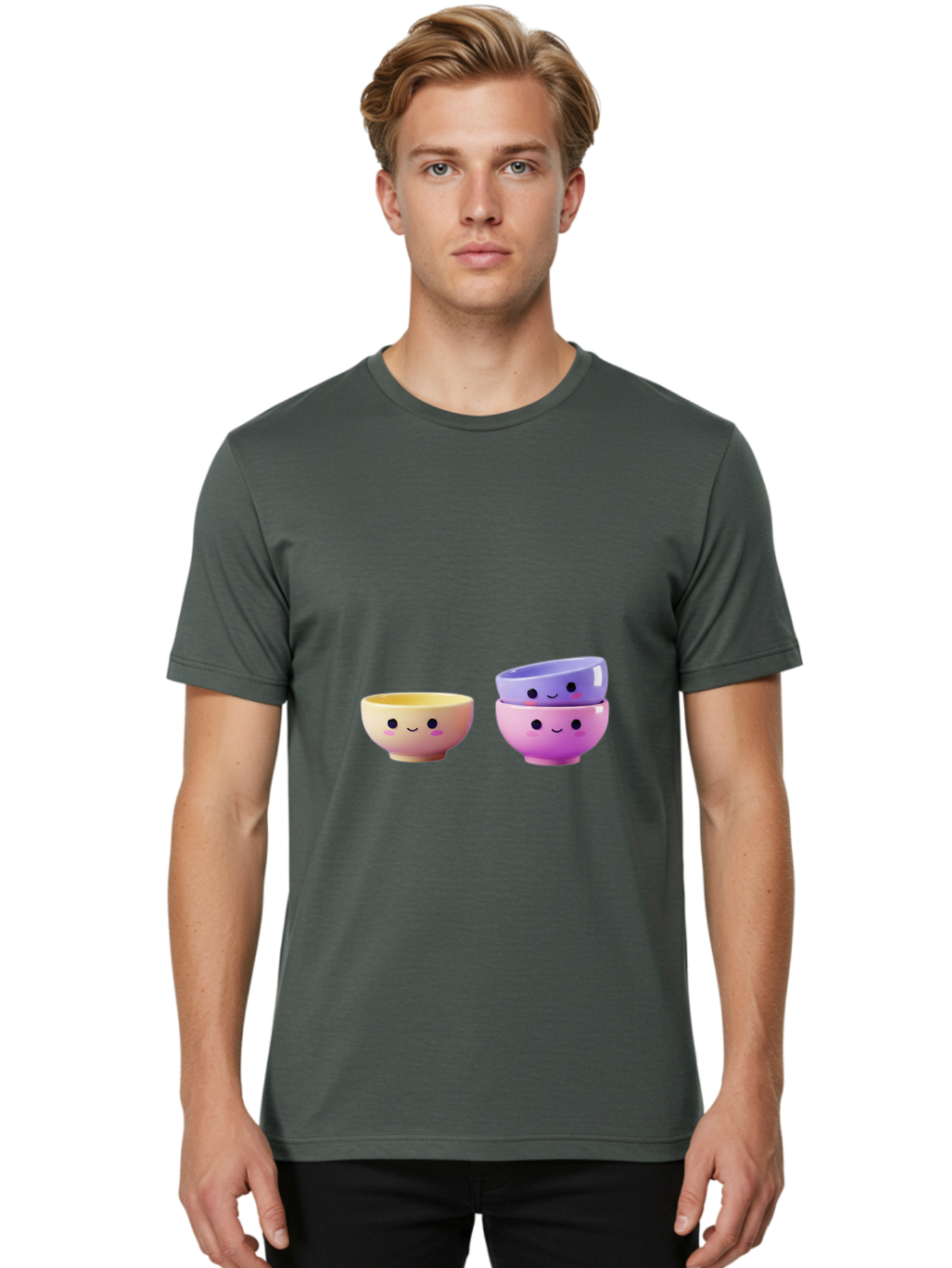 Cute-Bowls-1 Men'S Graphic Tee, 100% Cotton, Comfortable Casual Summer Wear, Machine Washable, Smiling Bowls, Colorful Bowls, Happy Kitchenware, Pastel Colors, Cute Tableware, Cartoon Bowls, Kitchen Decor, Adorable Ceramics, Playful Dishes, Baa430