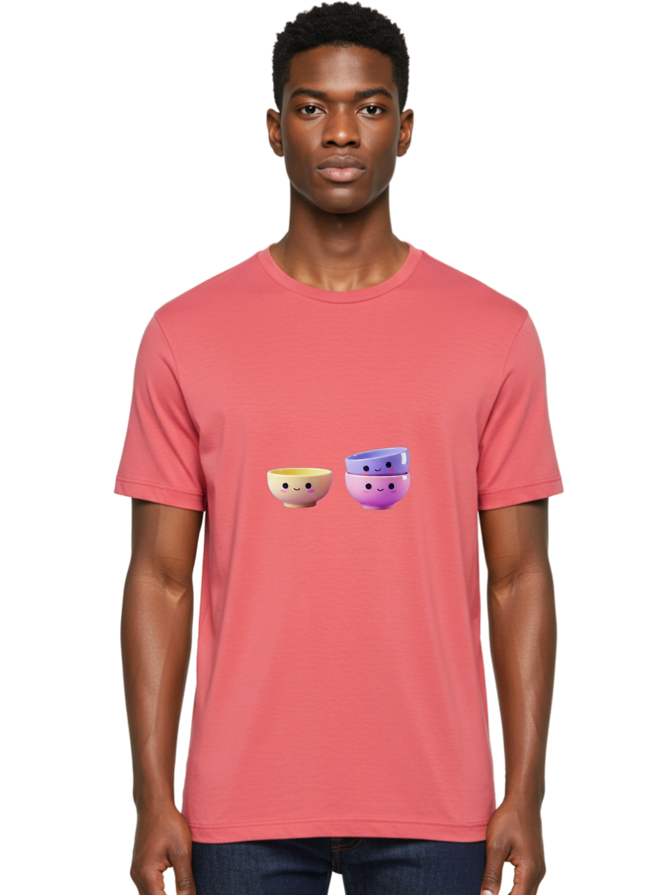 Cute-Bowls-1 Men'S Graphic Tee, 100% Cotton, Comfortable Casual Summer Wear, Machine Washable, Smiling Bowls, Colorful Bowls, Happy Kitchenware, Pastel Colors, Cute Tableware, Cartoon Bowls, Kitchen Decor, Adorable Ceramics, Playful Dishes, Baa430