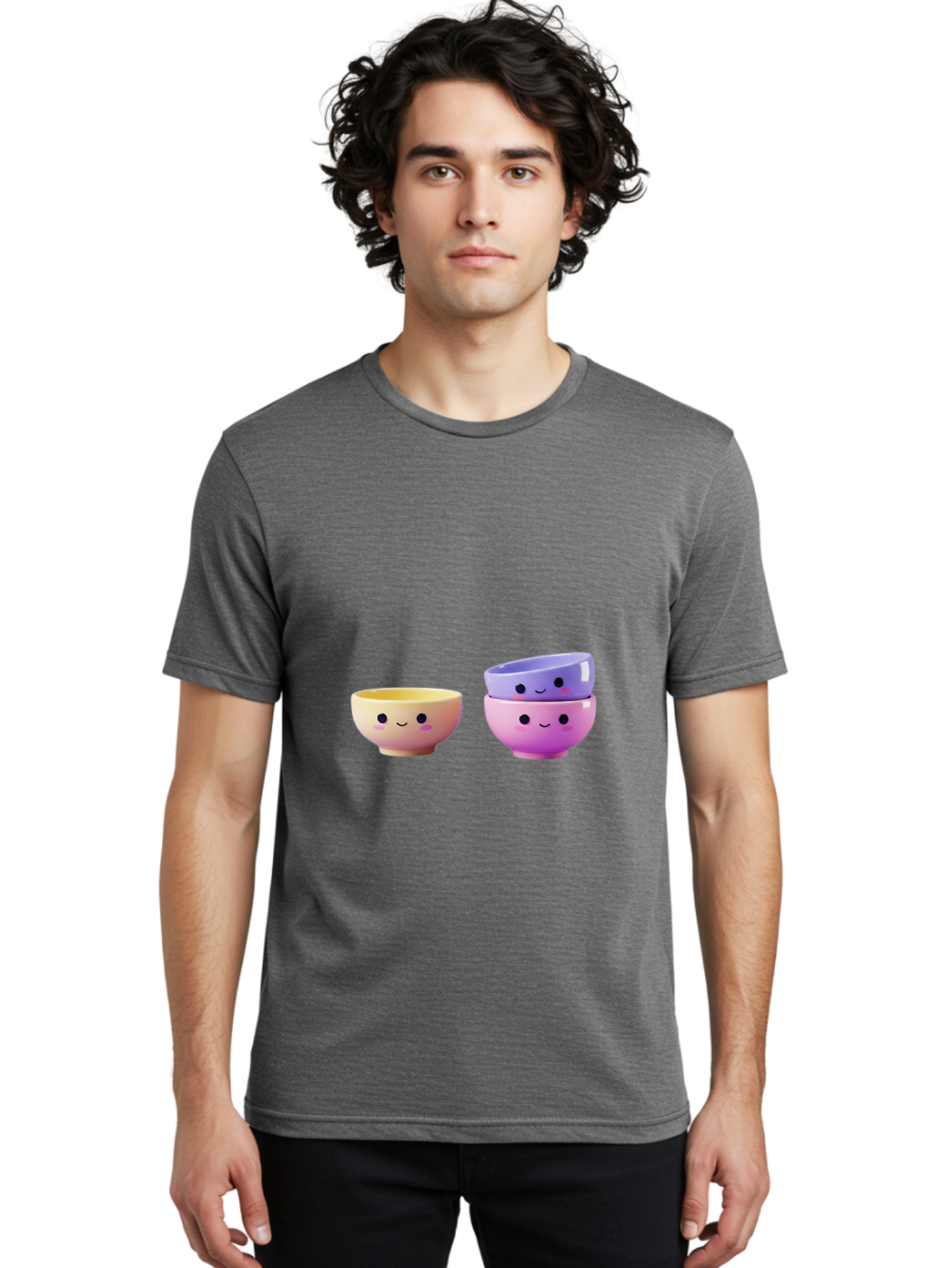 Cute-Bowls-1 Men'S Graphic Tee, 100% Cotton, Comfortable Casual Summer Wear, Machine Washable, Smiling Bowls, Colorful Bowls, Happy Kitchenware, Pastel Colors, Cute Tableware, Cartoon Bowls, Kitchen Decor, Adorable Ceramics, Playful Dishes, Baa430