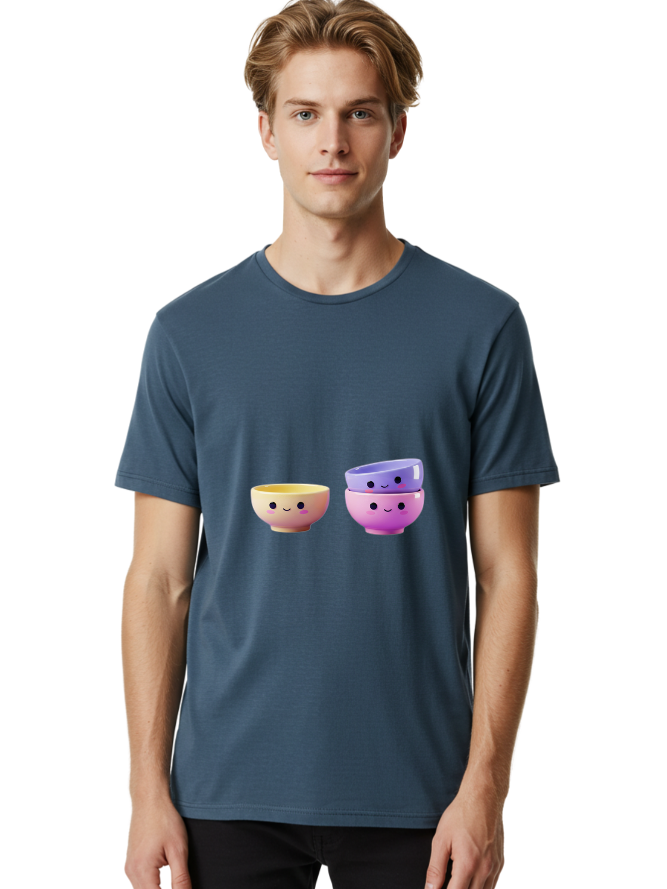 Cute-Bowls-1 Men'S Graphic Tee, 100% Cotton, Comfortable Casual Summer Wear, Machine Washable, Smiling Bowls, Colorful Bowls, Happy Kitchenware, Pastel Colors, Cute Tableware, Cartoon Bowls, Kitchen Decor, Adorable Ceramics, Playful Dishes, Baa430