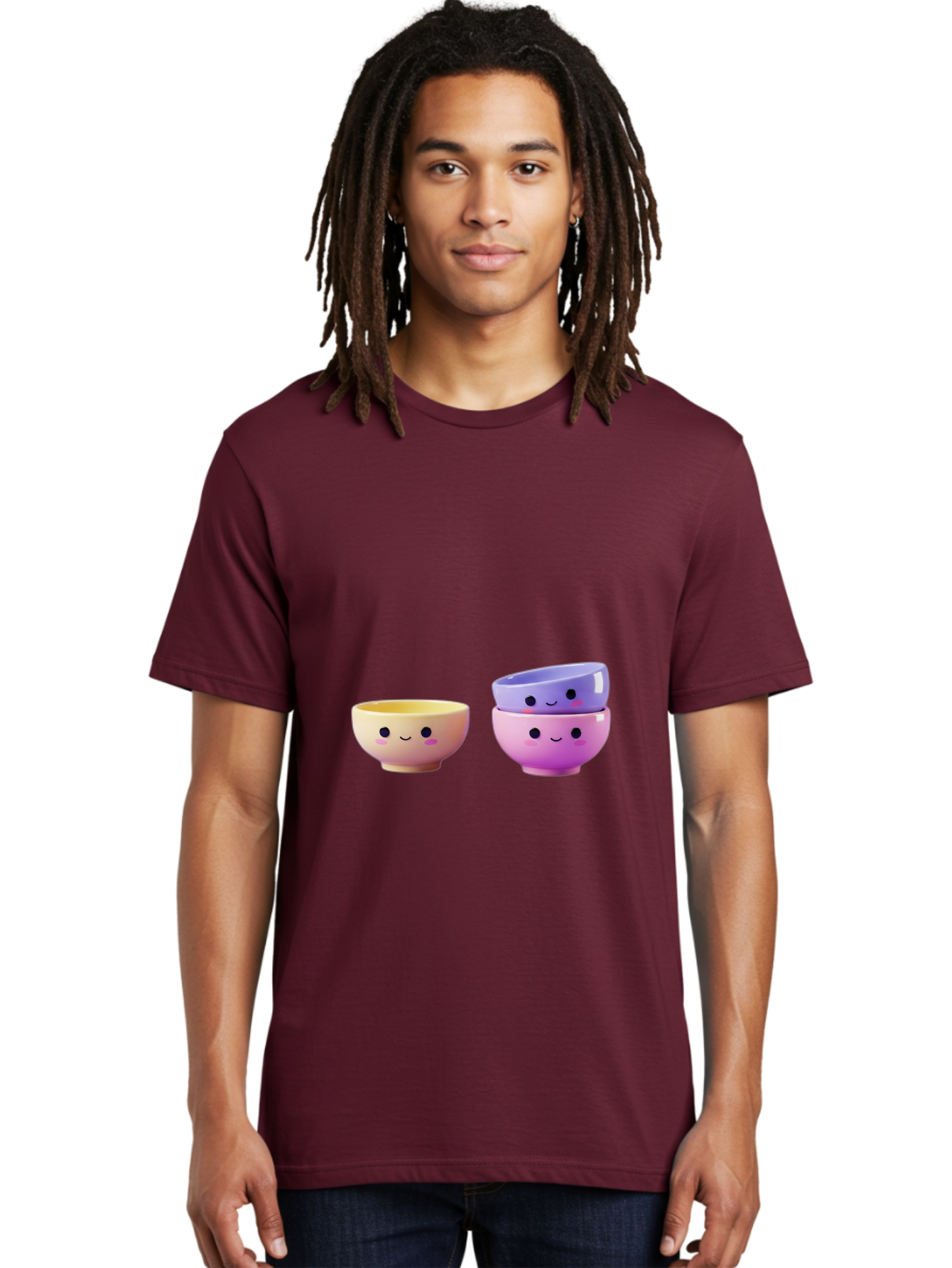 Cute-Bowls-1 Men'S Graphic Tee, 100% Cotton, Comfortable Casual Summer Wear, Machine Washable, Smiling Bowls, Colorful Bowls, Happy Kitchenware, Pastel Colors, Cute Tableware, Cartoon Bowls, Kitchen Decor, Adorable Ceramics, Playful Dishes, Baa430