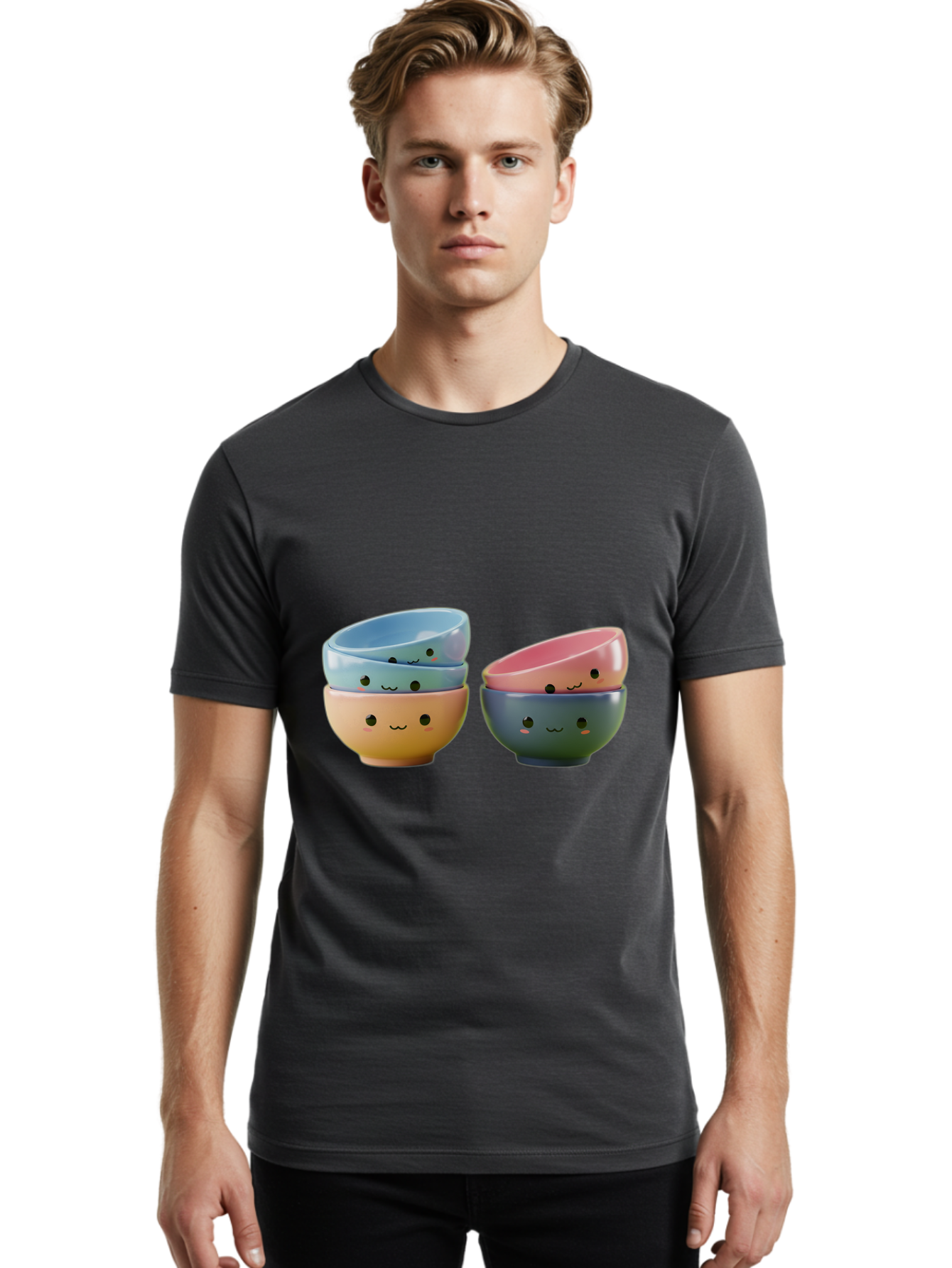 Cute-Bowls-2 Men'S Graphic Tee, 100% Cotton, Comfortable Casual Summer Wear, Machine Washable, Stacked Bowls, Ceramic Bowls, Cute Kitchenware, Adorable Faces, Colorful Tableware, Smiling Bowls, Pastel Colors, Kawaii Kitchen, Decorative Bowls, Baa431