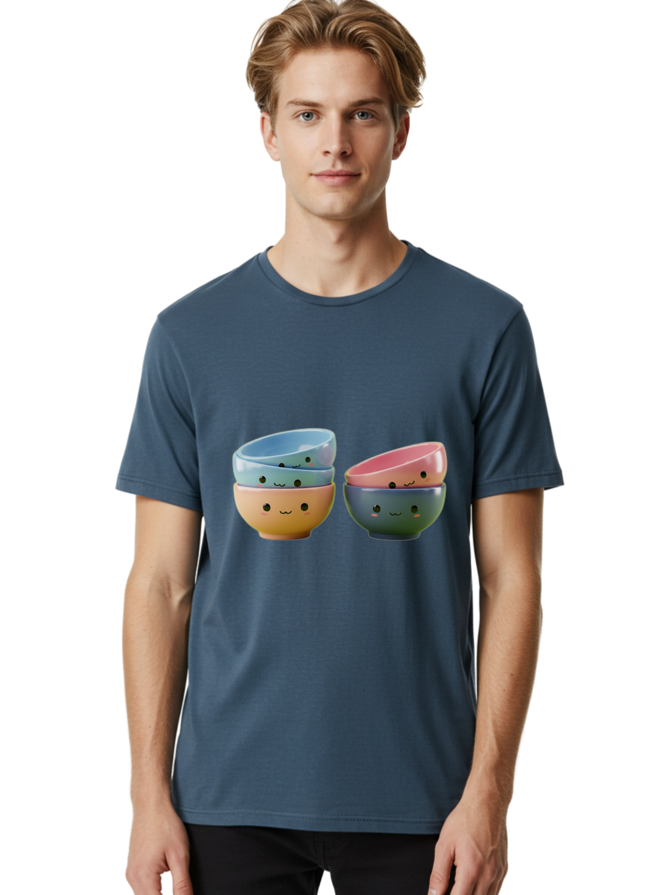 Cute-Bowls-2 Men'S Graphic Tee, 100% Cotton, Comfortable Casual Summer Wear, Machine Washable, Stacked Bowls, Ceramic Bowls, Cute Kitchenware, Adorable Faces, Colorful Tableware, Smiling Bowls, Pastel Colors, Kawaii Kitchen, Decorative Bowls, Baa431