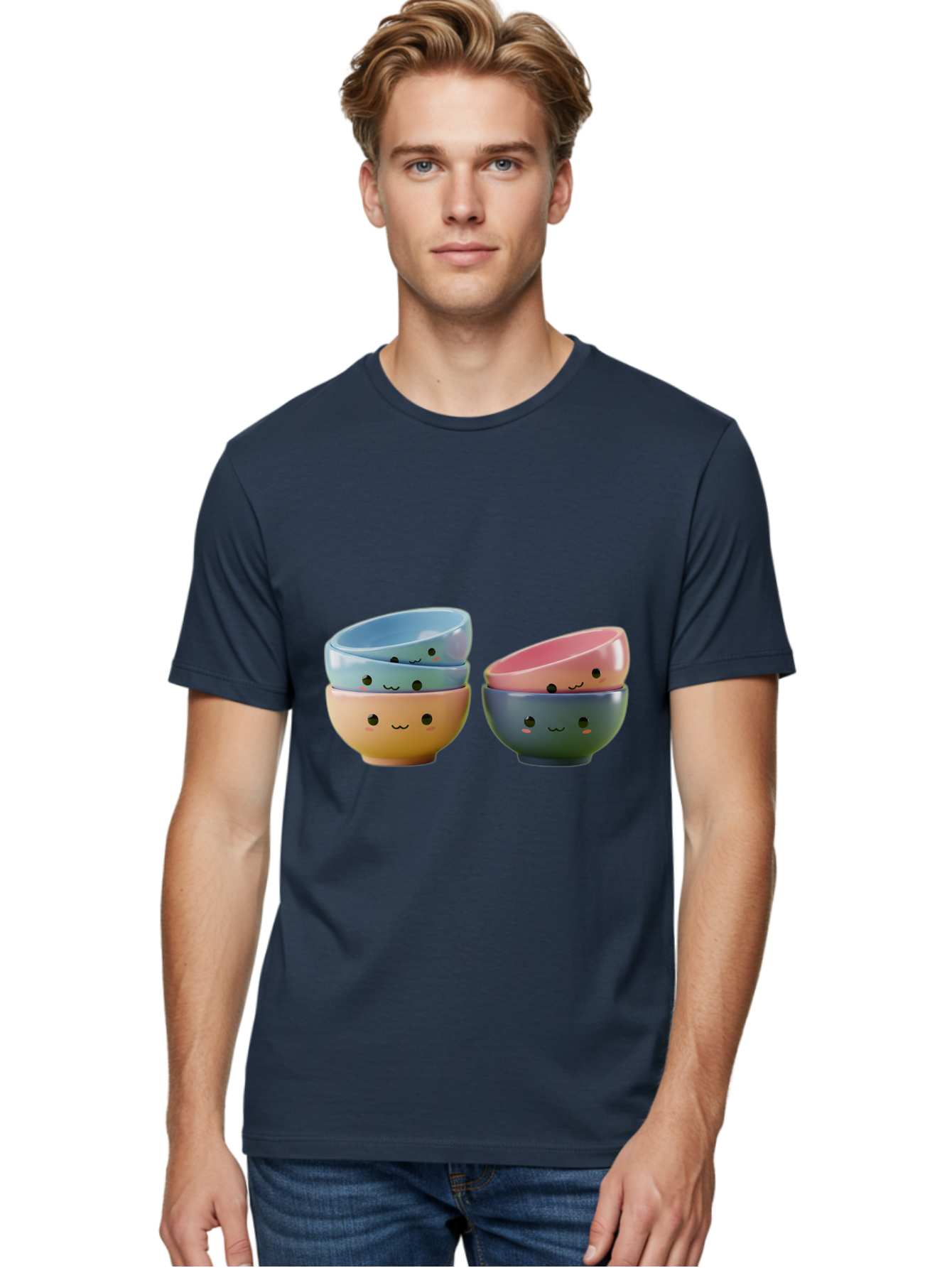 Cute-Bowls-2 Men'S Graphic Tee, 100% Cotton, Comfortable Casual Summer Wear, Machine Washable, Stacked Bowls, Ceramic Bowls, Cute Kitchenware, Adorable Faces, Colorful Tableware, Smiling Bowls, Pastel Colors, Kawaii Kitchen, Decorative Bowls, Baa431