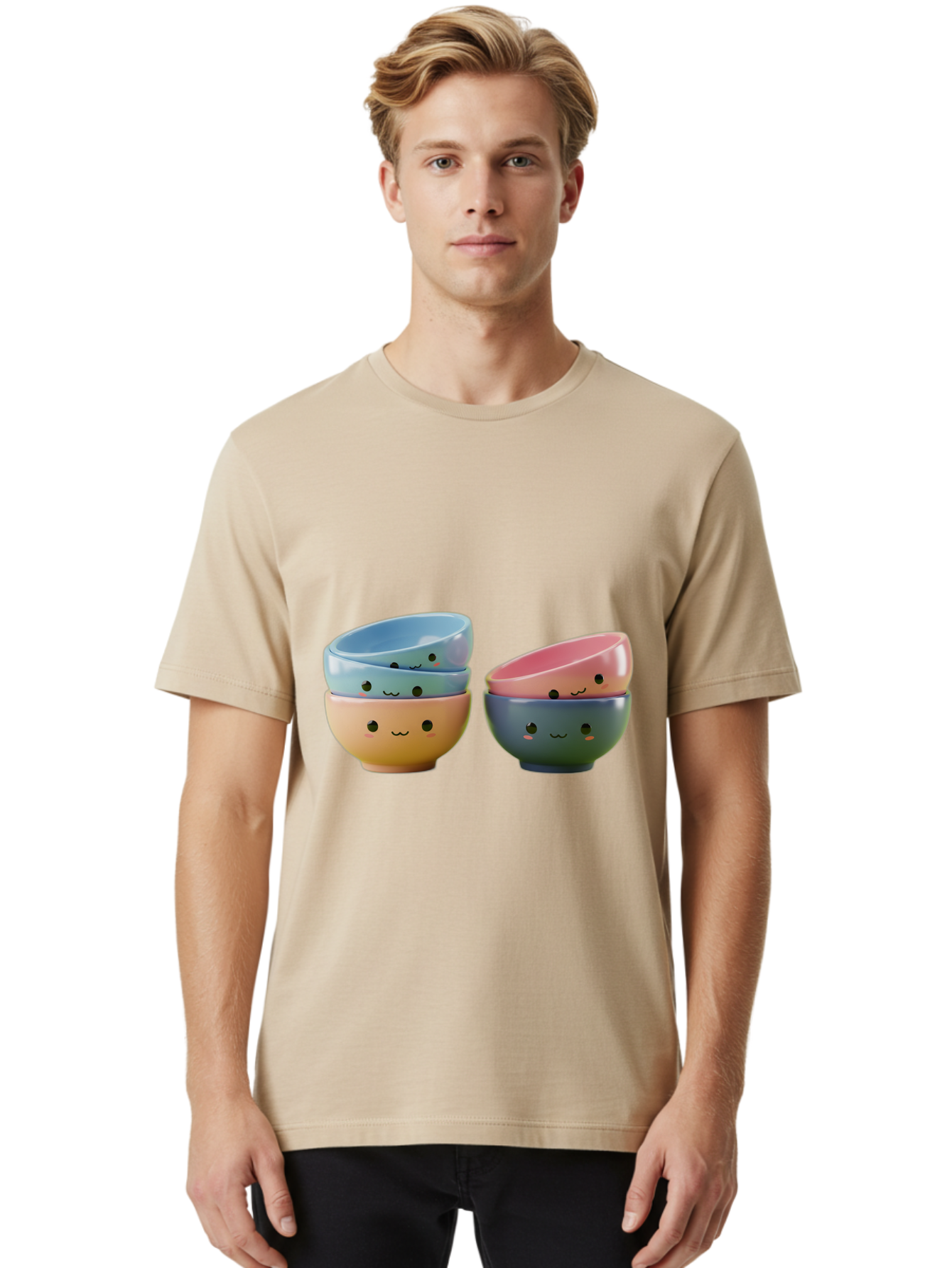 Cute-Bowls-2 Men'S Graphic Tee, 100% Cotton, Comfortable Casual Summer Wear, Machine Washable, Stacked Bowls, Ceramic Bowls, Cute Kitchenware, Adorable Faces, Colorful Tableware, Smiling Bowls, Pastel Colors, Kawaii Kitchen, Decorative Bowls, Baa431