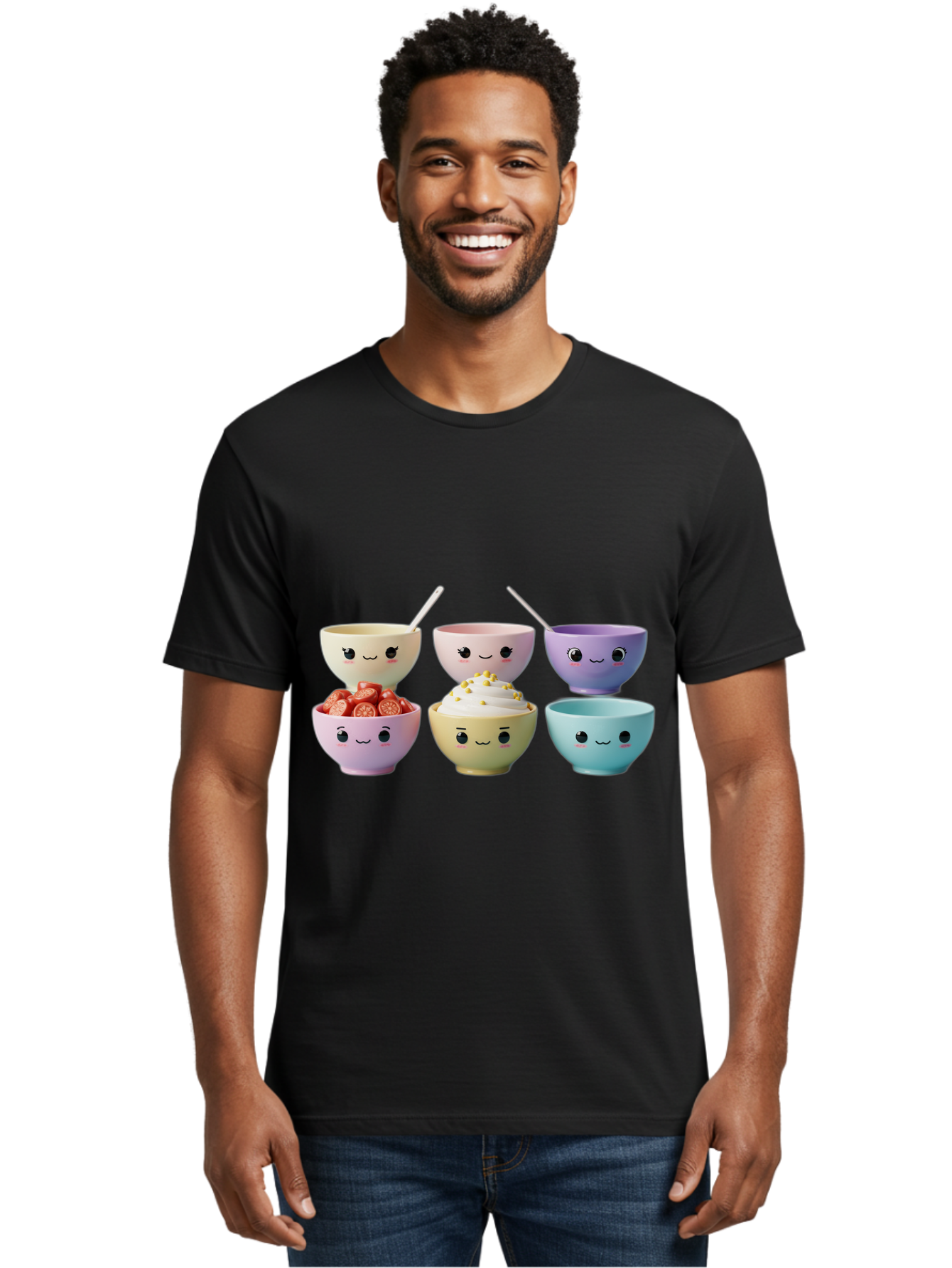 Cute-Bowls Men'S Graphic Tee, 100% Cotton, Comfortable Casual Summer Wear, Machine Washable, Cute Bowls, Dessert Bowls, Ice Cream Bowls, Cartoon Faces, Pastel Colors, Smiling Bowls, Food Bowls, Sweet Treats, Yogurt Bowls, Cartoon Desserts Baa432