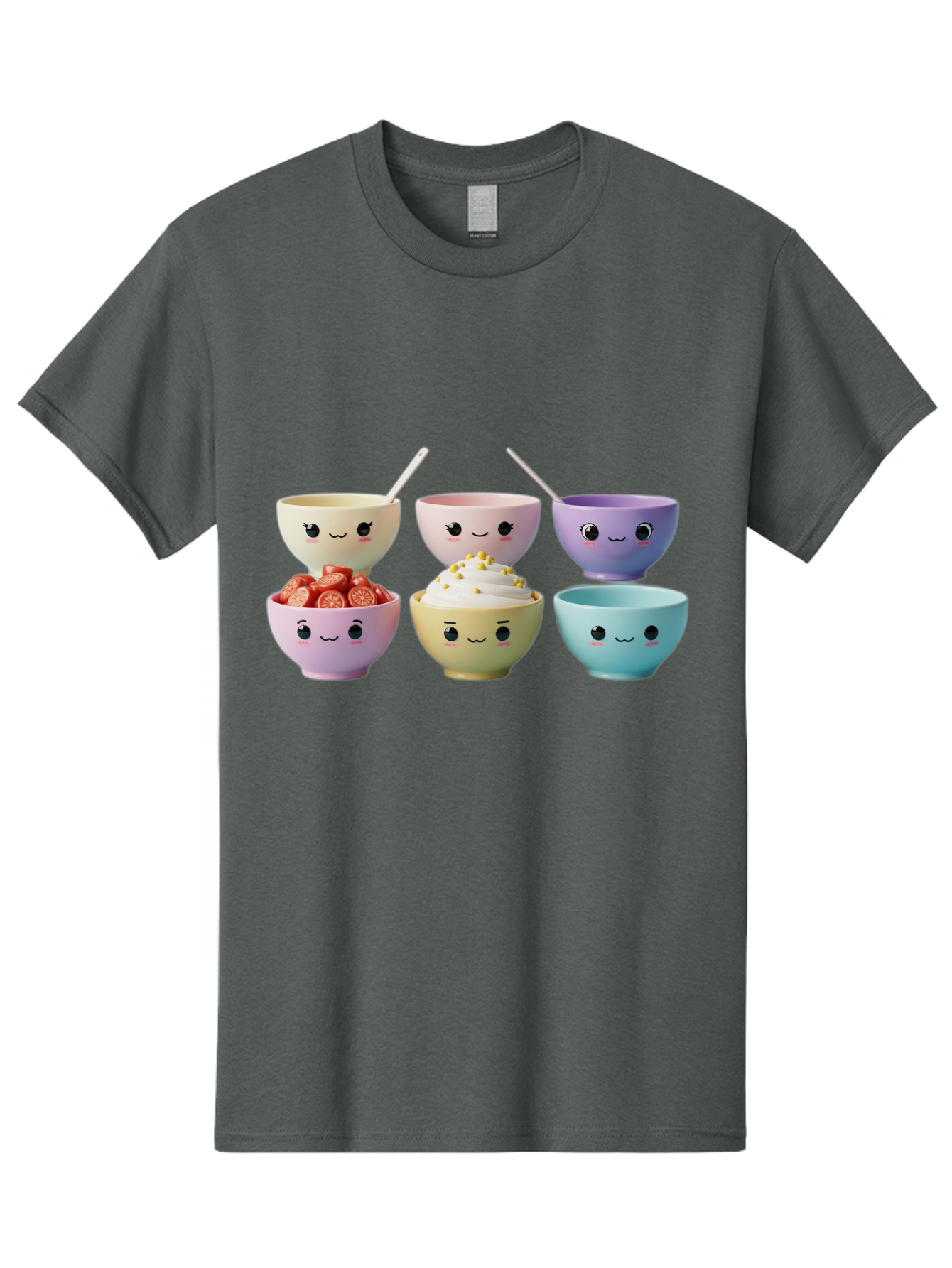 Cute-Bowls Men'S Graphic Tee, 100% Cotton, Comfortable Casual Summer Wear, Machine Washable, Cute Bowls, Dessert Bowls, Ice Cream Bowls, Cartoon Faces, Pastel Colors, Smiling Bowls, Food Bowls, Sweet Treats, Yogurt Bowls, Cartoon Desserts Baa432