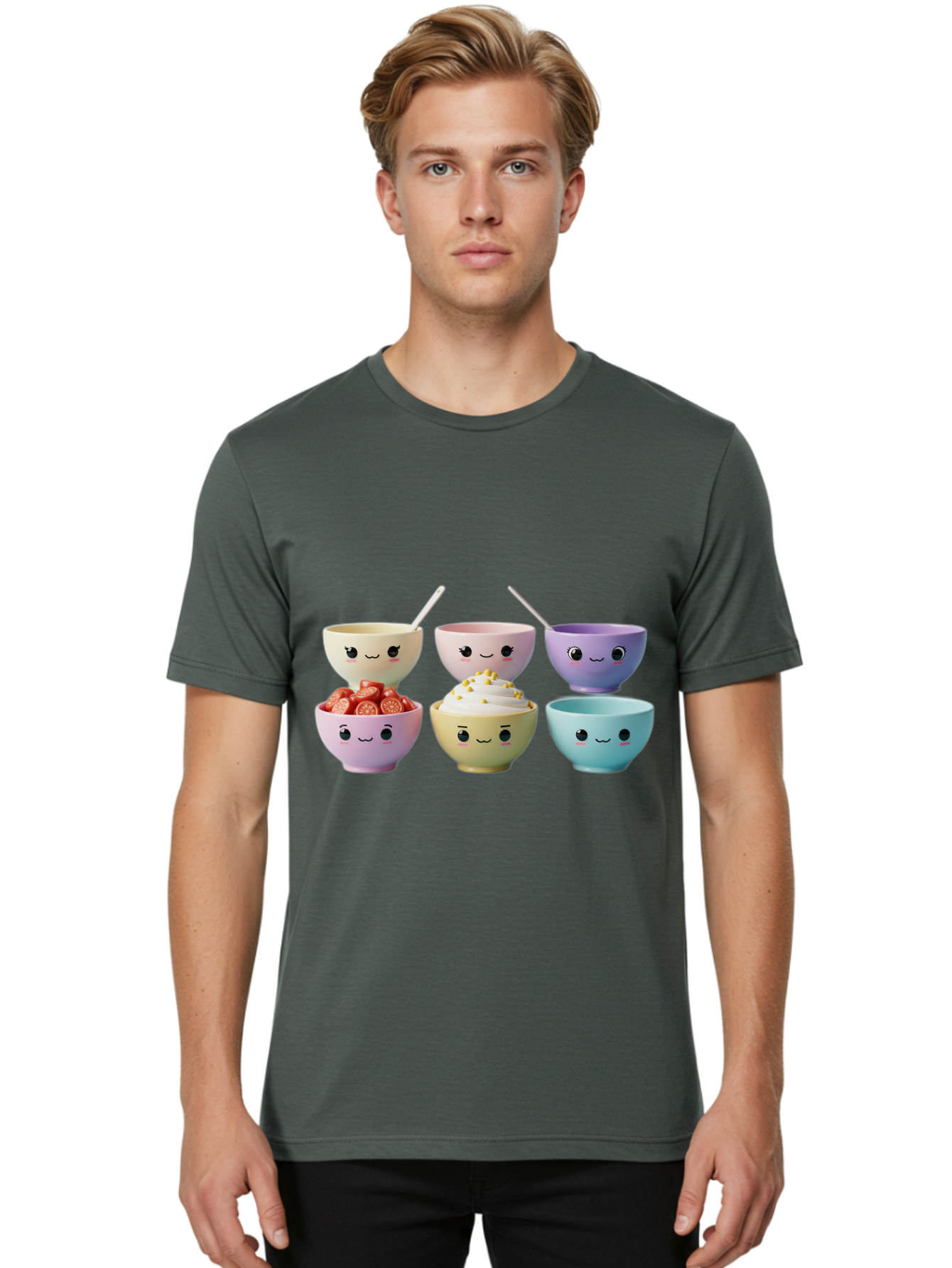Cute-Bowls Men'S Graphic Tee, 100% Cotton, Comfortable Casual Summer Wear, Machine Washable, Cute Bowls, Dessert Bowls, Ice Cream Bowls, Cartoon Faces, Pastel Colors, Smiling Bowls, Food Bowls, Sweet Treats, Yogurt Bowls, Cartoon Desserts Baa432
