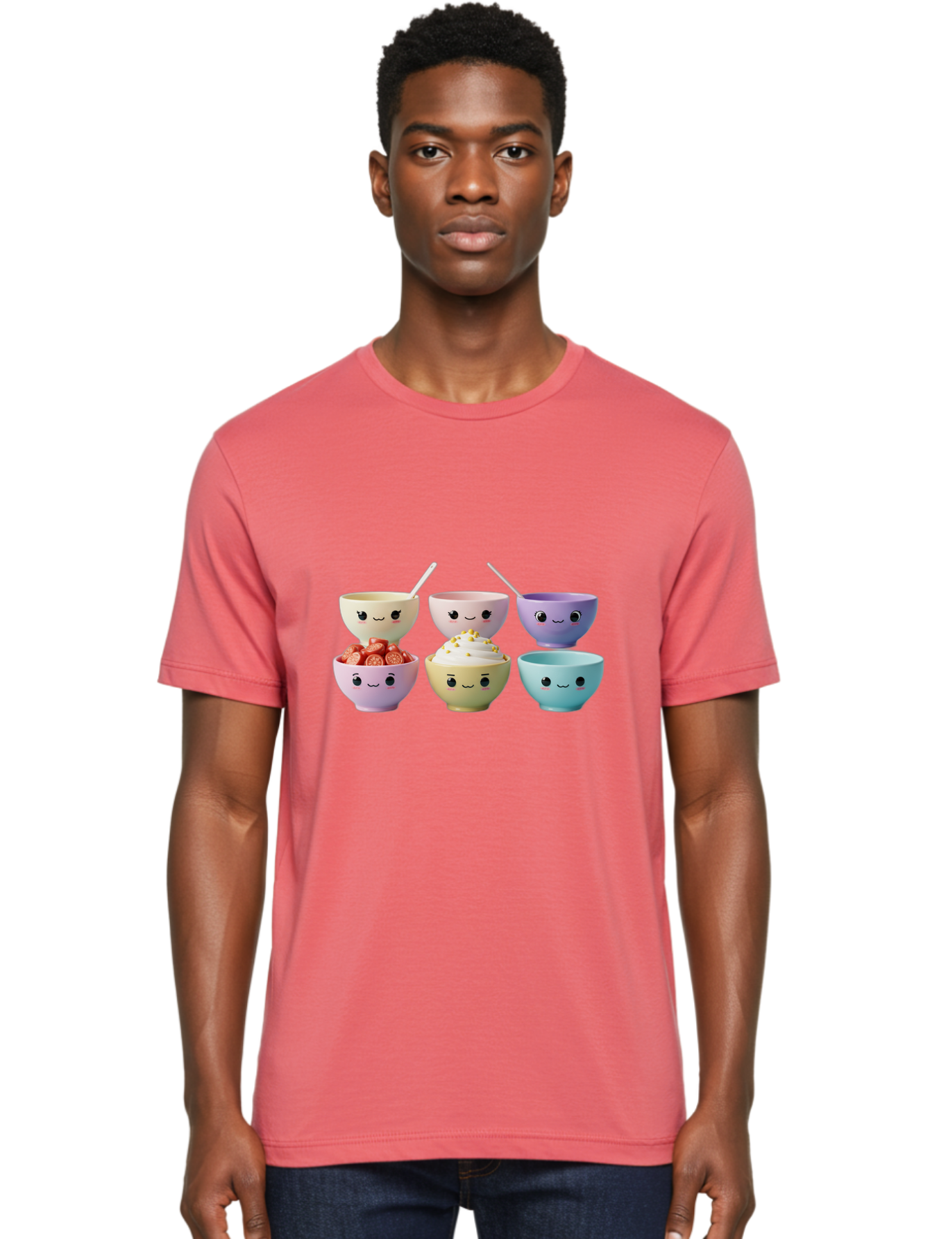 Cute-Bowls Men'S Graphic Tee, 100% Cotton, Comfortable Casual Summer Wear, Machine Washable, Cute Bowls, Dessert Bowls, Ice Cream Bowls, Cartoon Faces, Pastel Colors, Smiling Bowls, Food Bowls, Sweet Treats, Yogurt Bowls, Cartoon Desserts Baa432