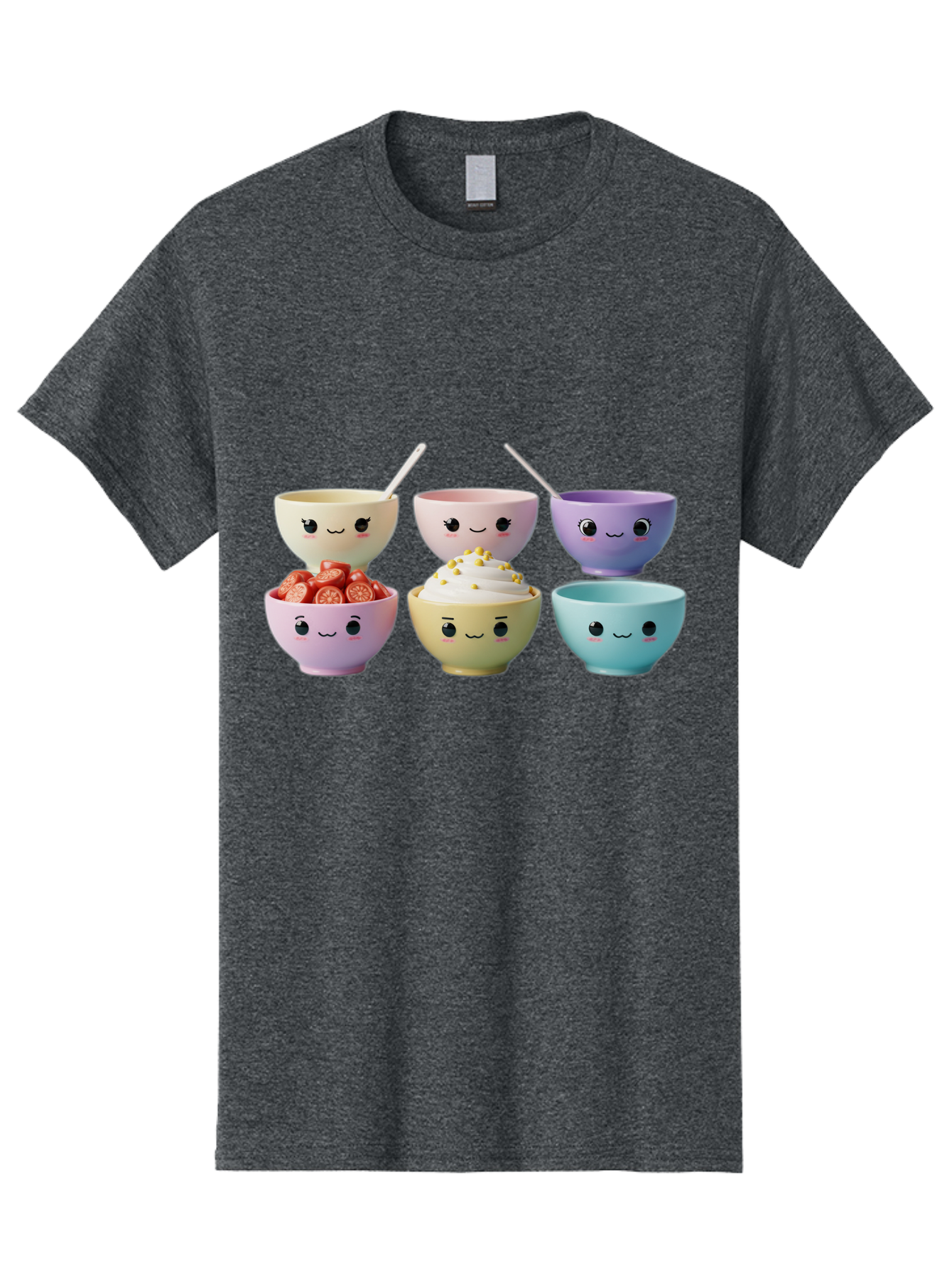 Cute-Bowls Men'S Graphic Tee, 100% Cotton, Comfortable Casual Summer Wear, Machine Washable, Cute Bowls, Dessert Bowls, Ice Cream Bowls, Cartoon Faces, Pastel Colors, Smiling Bowls, Food Bowls, Sweet Treats, Yogurt Bowls, Cartoon Desserts Baa432