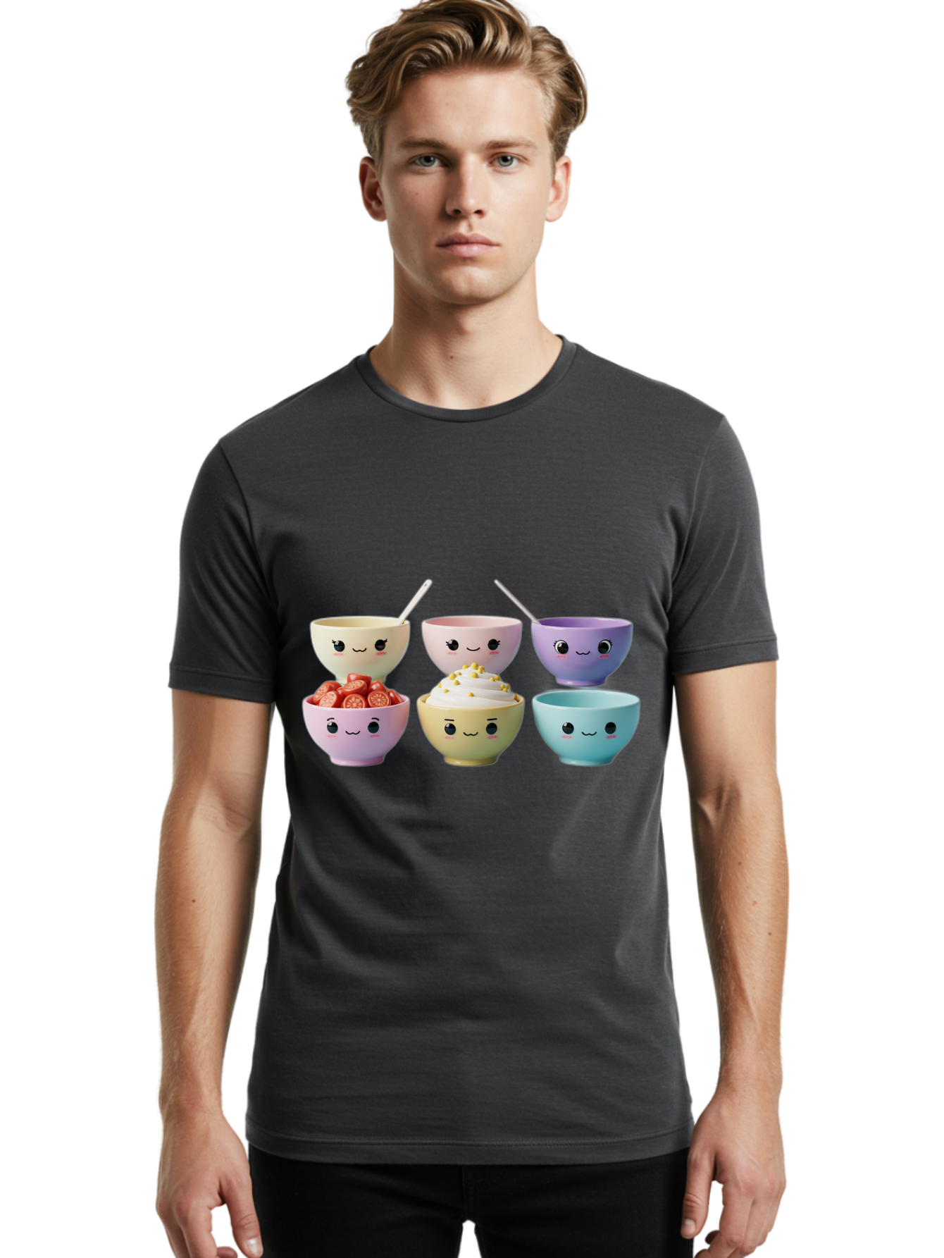 Cute-Bowls Men'S Graphic Tee, 100% Cotton, Comfortable Casual Summer Wear, Machine Washable, Cute Bowls, Dessert Bowls, Ice Cream Bowls, Cartoon Faces, Pastel Colors, Smiling Bowls, Food Bowls, Sweet Treats, Yogurt Bowls, Cartoon Desserts Baa432