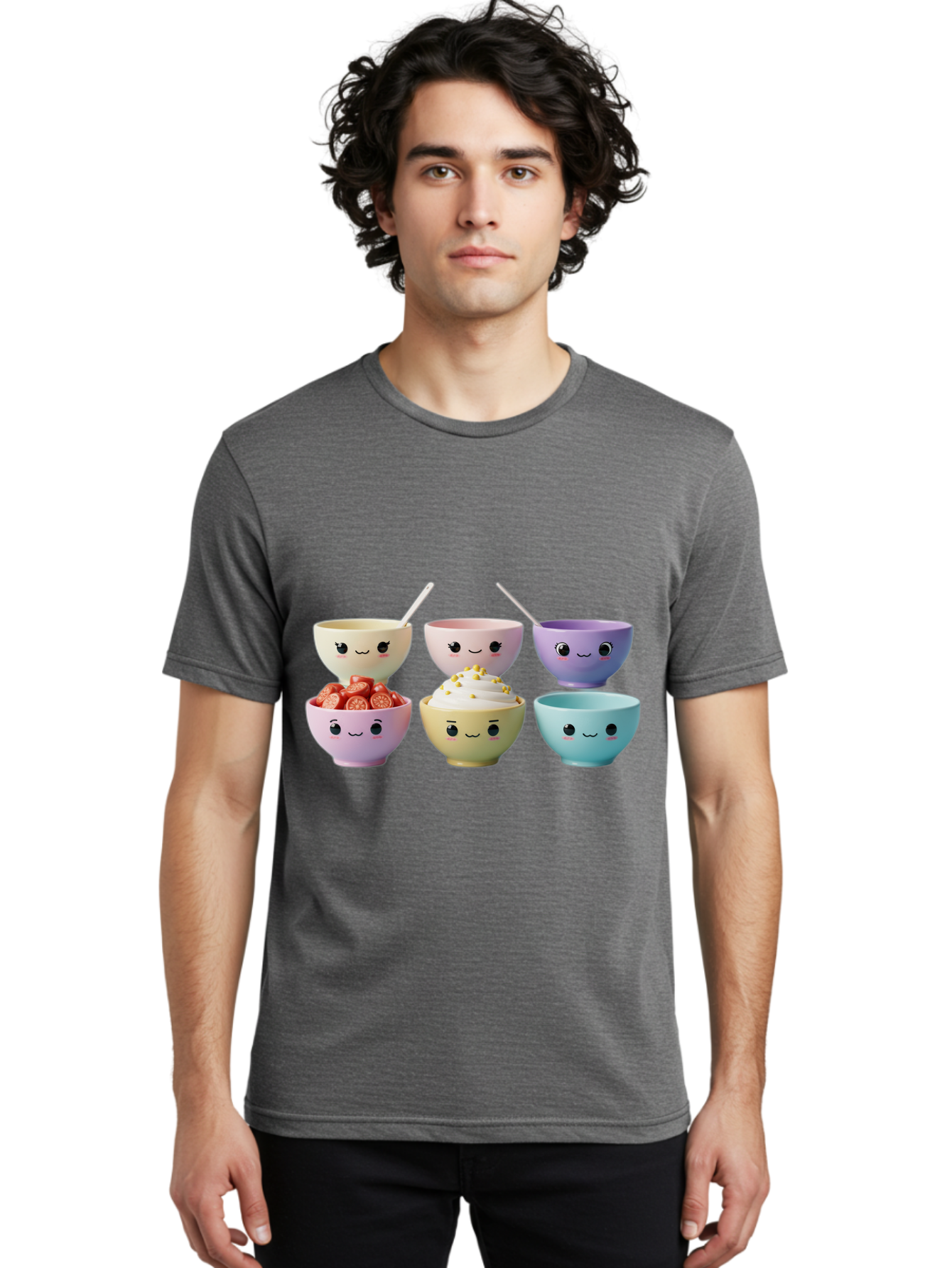 Cute-Bowls Men'S Graphic Tee, 100% Cotton, Comfortable Casual Summer Wear, Machine Washable, Cute Bowls, Dessert Bowls, Ice Cream Bowls, Cartoon Faces, Pastel Colors, Smiling Bowls, Food Bowls, Sweet Treats, Yogurt Bowls, Cartoon Desserts Baa432