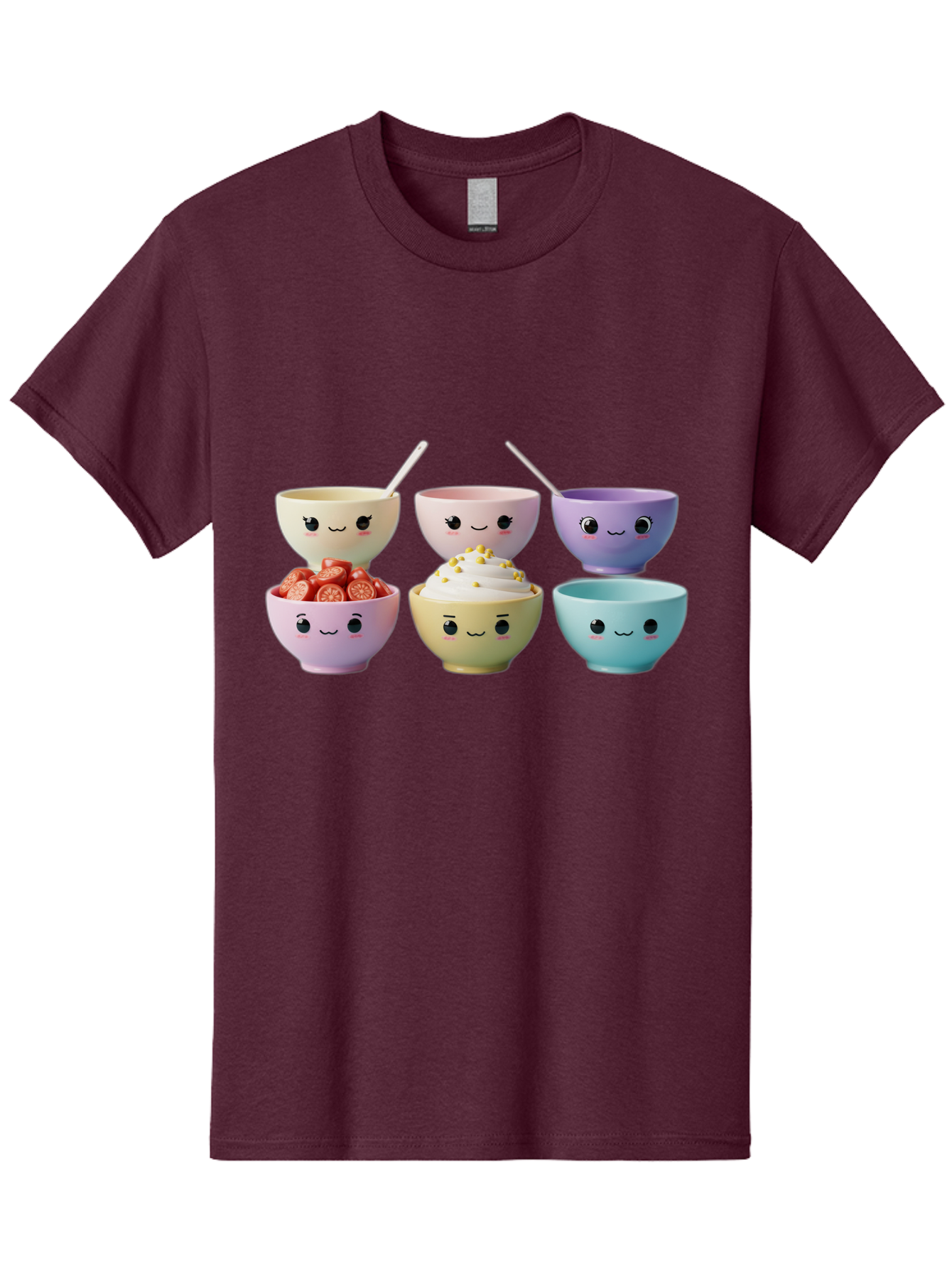 Cute-Bowls Men'S Graphic Tee, 100% Cotton, Comfortable Casual Summer Wear, Machine Washable, Cute Bowls, Dessert Bowls, Ice Cream Bowls, Cartoon Faces, Pastel Colors, Smiling Bowls, Food Bowls, Sweet Treats, Yogurt Bowls, Cartoon Desserts Baa432