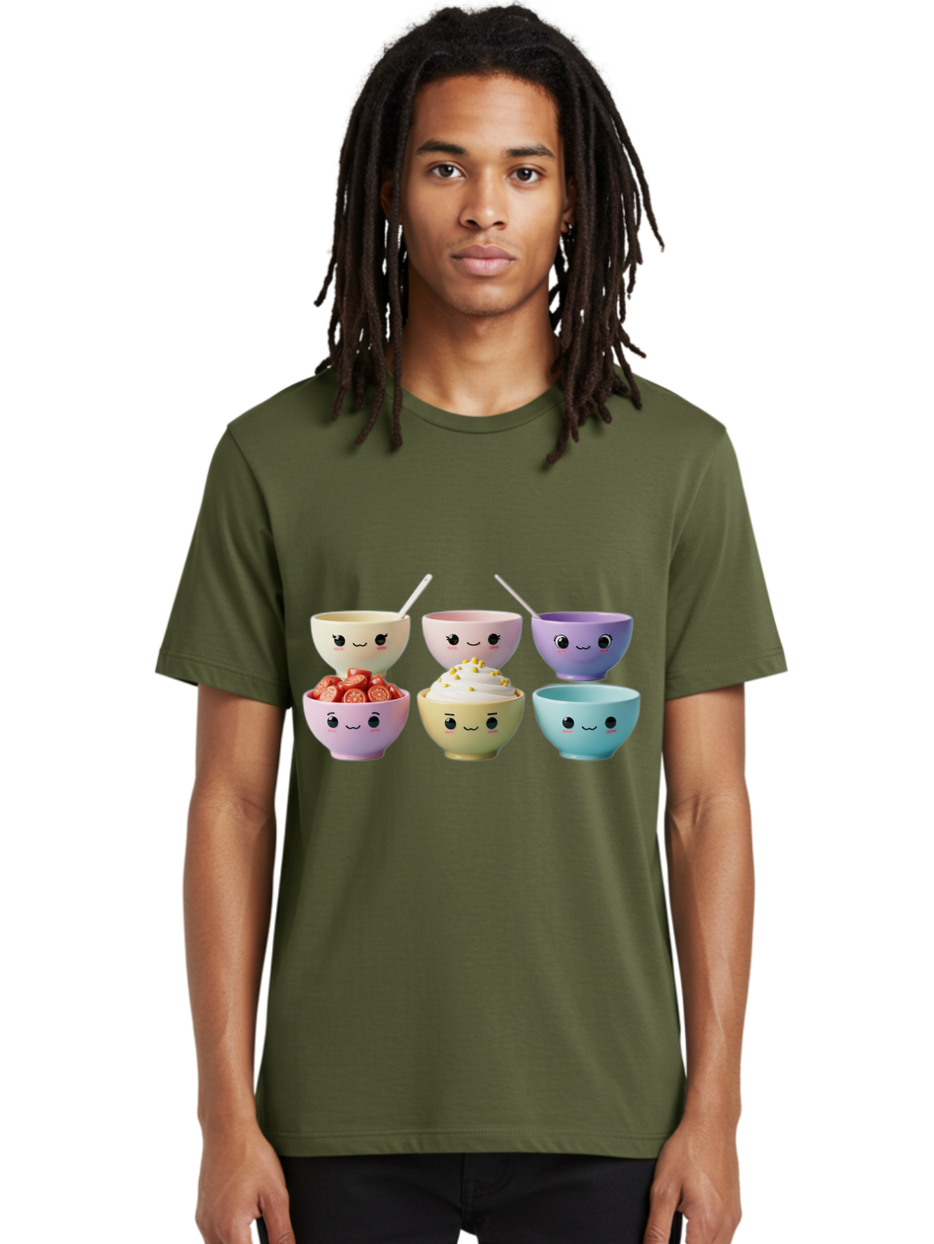 Cute-Bowls Men'S Graphic Tee, 100% Cotton, Comfortable Casual Summer Wear, Machine Washable, Cute Bowls, Dessert Bowls, Ice Cream Bowls, Cartoon Faces, Pastel Colors, Smiling Bowls, Food Bowls, Sweet Treats, Yogurt Bowls, Cartoon Desserts Baa432