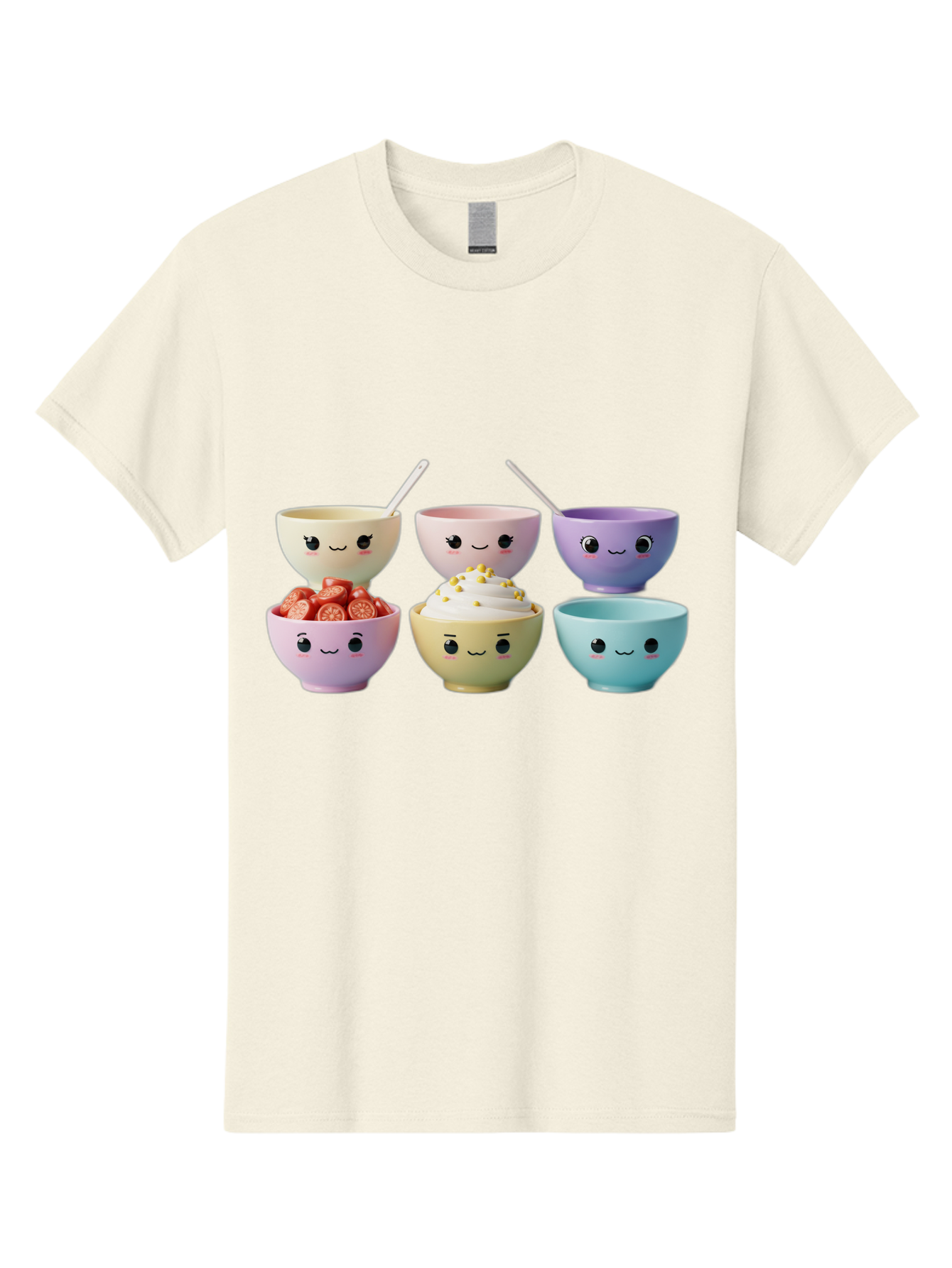 Cute-Bowls Men'S Graphic Tee, 100% Cotton, Comfortable Casual Summer Wear, Machine Washable, Cute Bowls, Dessert Bowls, Ice Cream Bowls, Cartoon Faces, Pastel Colors, Smiling Bowls, Food Bowls, Sweet Treats, Yogurt Bowls, Cartoon Desserts Baa432