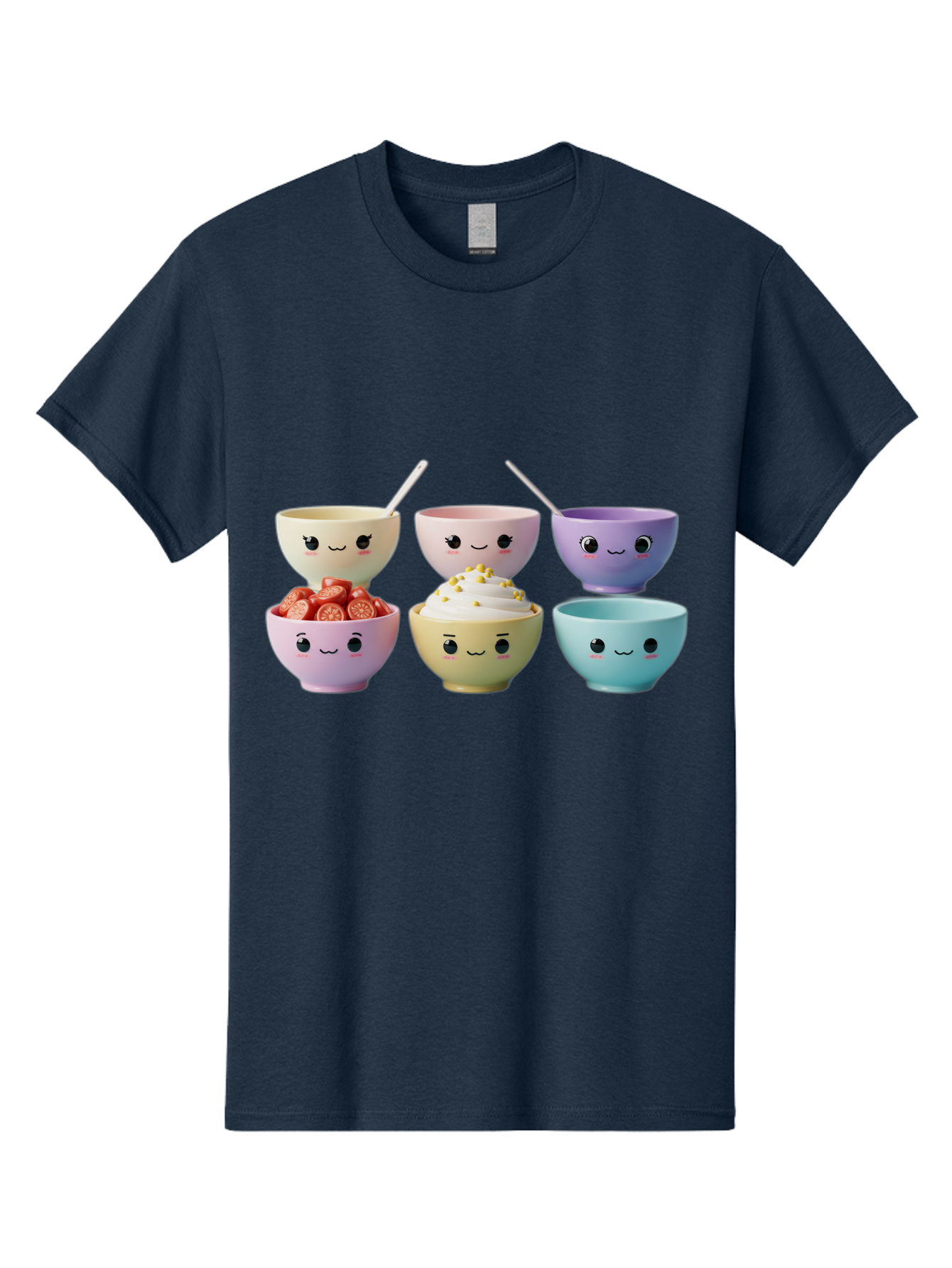 Cute-Bowls Men'S Graphic Tee, 100% Cotton, Comfortable Casual Summer Wear, Machine Washable, Cute Bowls, Dessert Bowls, Ice Cream Bowls, Cartoon Faces, Pastel Colors, Smiling Bowls, Food Bowls, Sweet Treats, Yogurt Bowls, Cartoon Desserts Baa432